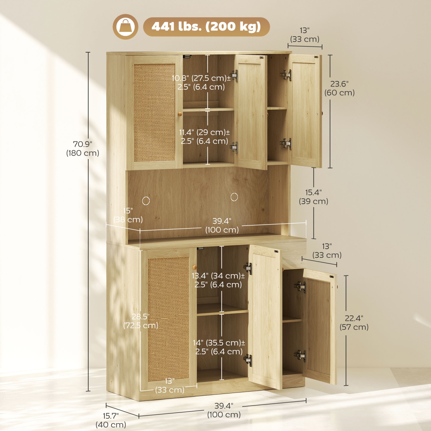 HOMCOM 71" Boho Kitchen Pantry Cabinet with Rattan Doors, Freestanding Buffet Storage Cabinet with Microwave Countertop, Drawer and Adjustable