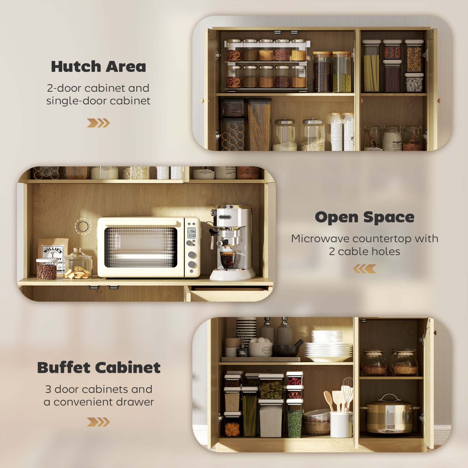 HOMCOM 71" Boho Kitchen Pantry Cabinet with Rattan Doors, Freestanding Buffet Storage Cabinet with Microwave Countertop, Drawer and Adjustable