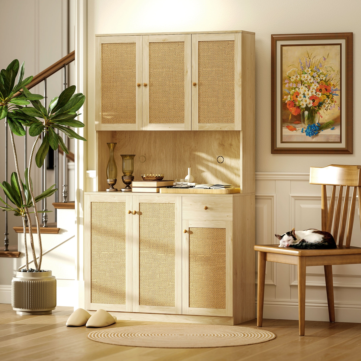 HOMCOM 71" Boho Kitchen Pantry Cabinet with Rattan Doors, Freestanding Buffet Storage Cabinet with Microwave Countertop, Drawer and Adjustable