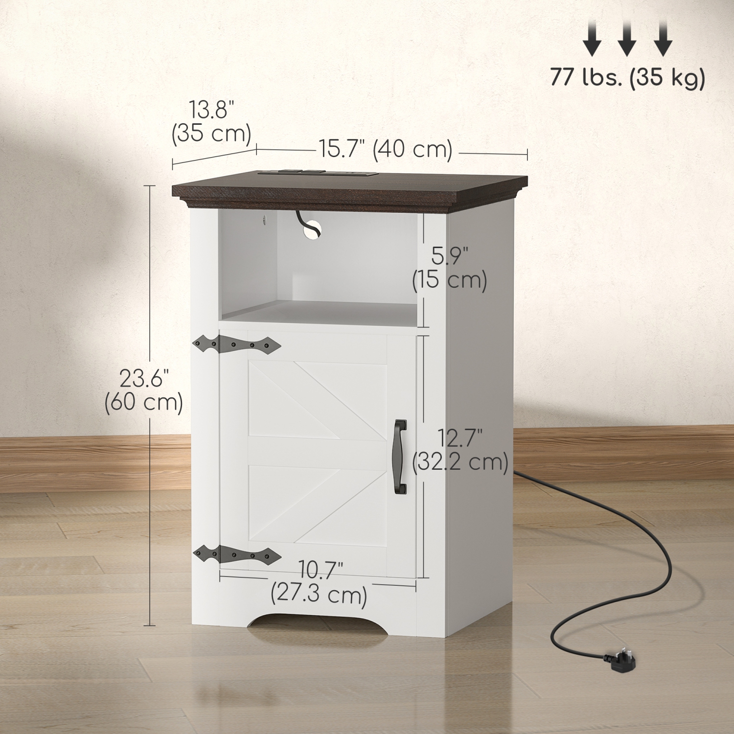 Ensemble de 2 tables d'appoint de HOMCOM, ensemble table de chevet avec prises de chargement, porte de grange pour salon, chambre à coucher, blanc