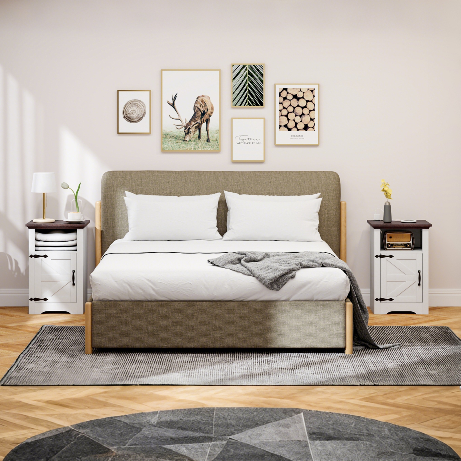 Ensemble de 2 tables d'appoint de HOMCOM, ensemble table de chevet avec prises de chargement, porte de grange pour salon, chambre à coucher, blanc