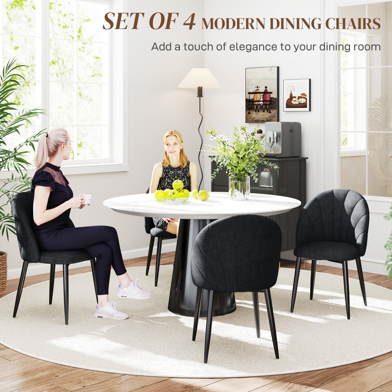 HOMCOM Dining Chairs Set of 4, Modern Upholstered Kitchen Chairs with Metal Legs, Shell Backrest and Padded Seat, Side Chairs for Dining Room,