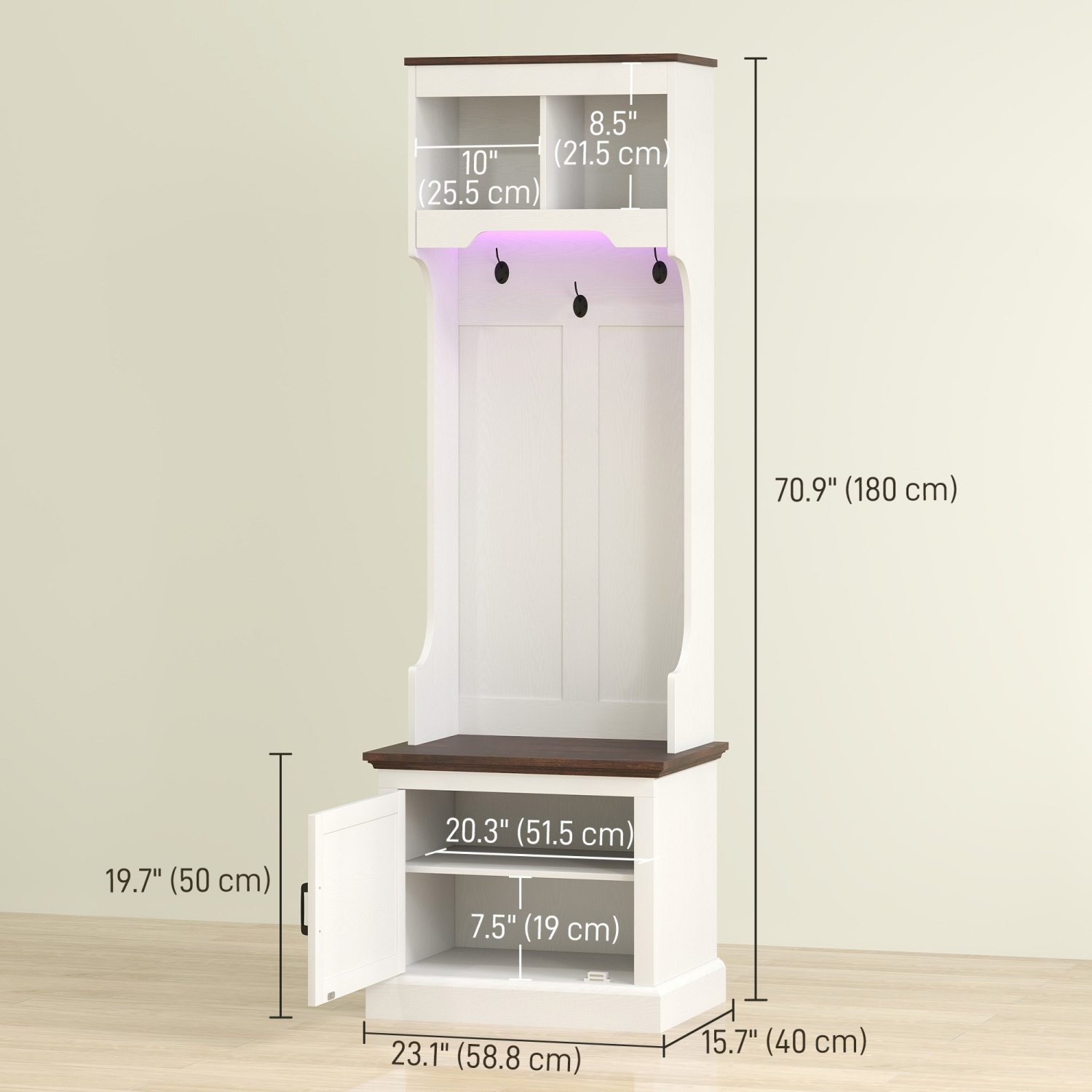 HOMCOM 3-in-1 Entryway Hall Tree with Bench, Standing Coat Rack with Shoe Storage, Three Hooks, White Wood Grain with Light