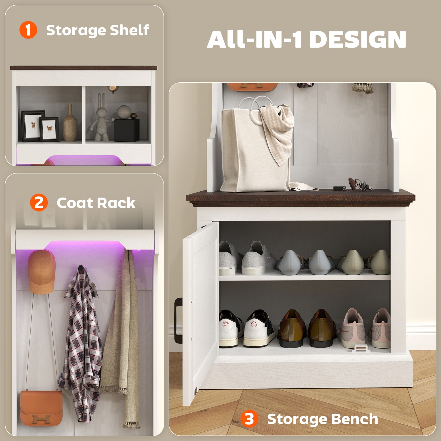 HOMCOM 3-in-1 Entryway Hall Tree with Bench, Standing Coat Rack with Shoe Storage, Three Hooks, White Wood Grain with Light
