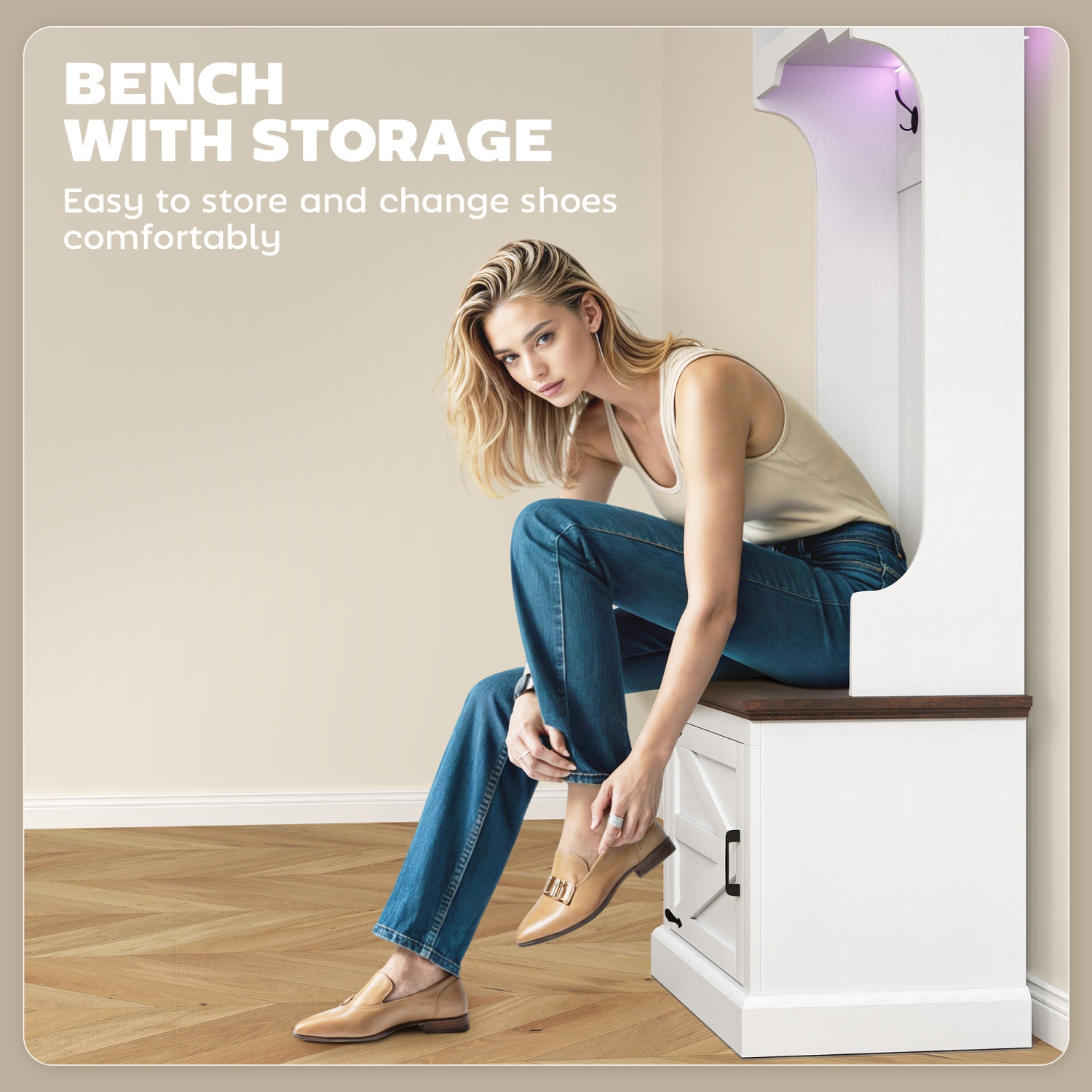 HOMCOM 3-in-1 Entryway Hall Tree with Bench, Standing Coat Rack with Shoe Storage, Three Hooks, White Wood Grain with Light