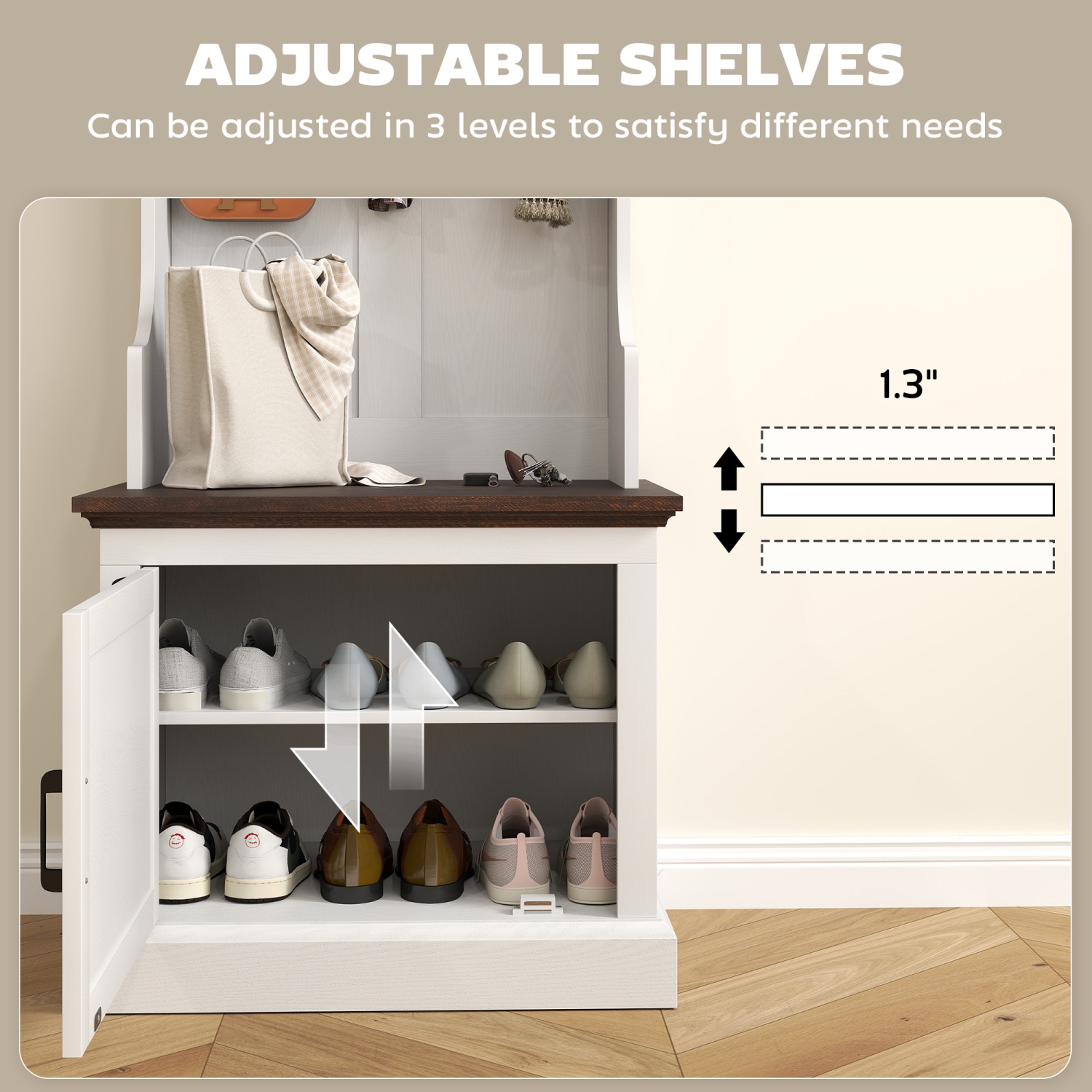 HOMCOM 3-in-1 Entryway Hall Tree with Bench, Standing Coat Rack with Shoe Storage, Three Hooks, White Wood Grain with Light