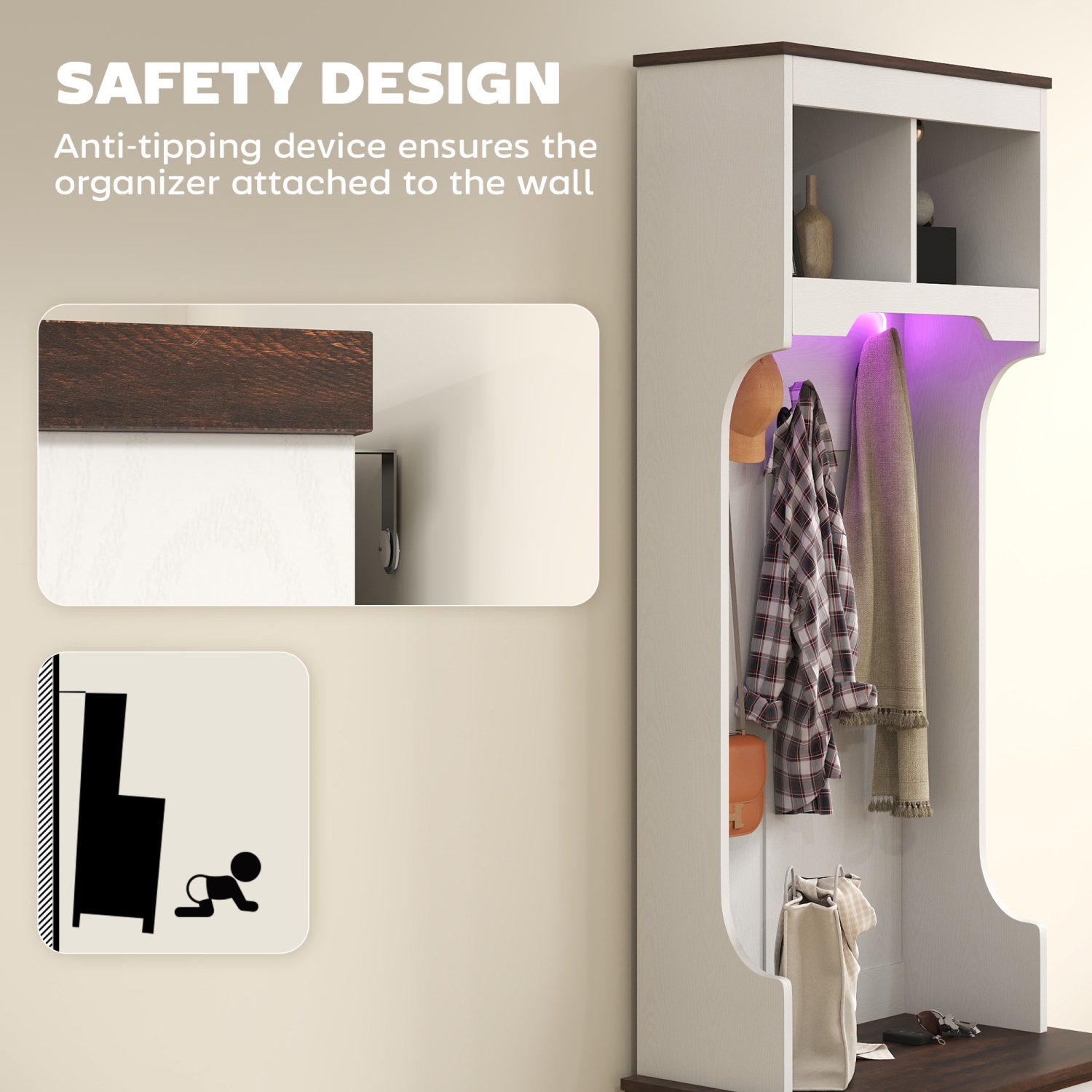 HOMCOM 3-in-1 Entryway Hall Tree with Bench, Standing Coat Rack with Shoe Storage, Three Hooks, White Wood Grain with Light