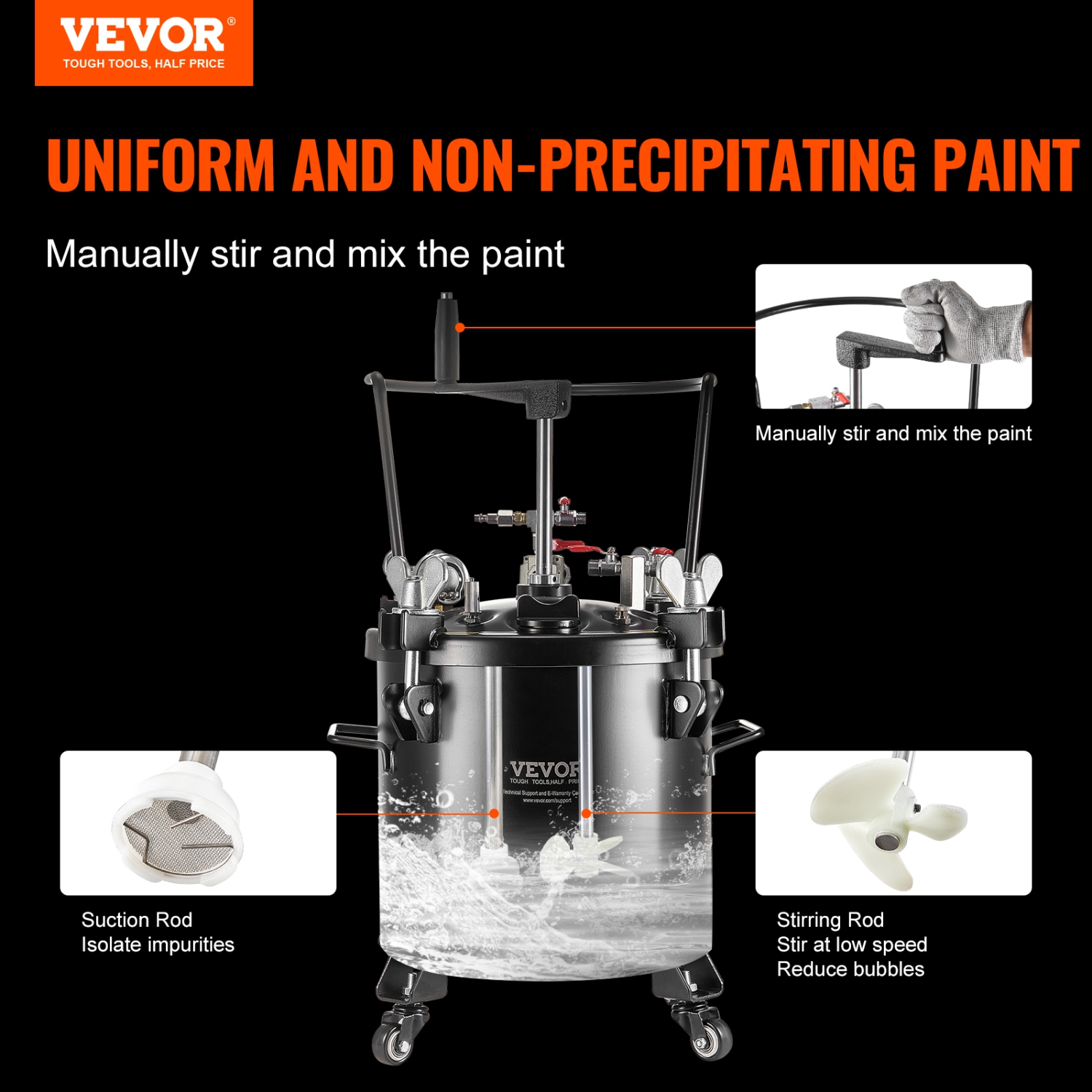VEVOR 20L/5gal Spray Paint Pressure Pot, Pressure Pot Tank, 70 psi Adjustale Pressure, Steel Pressure Pot Paint Tank with Casters and Leak Repair