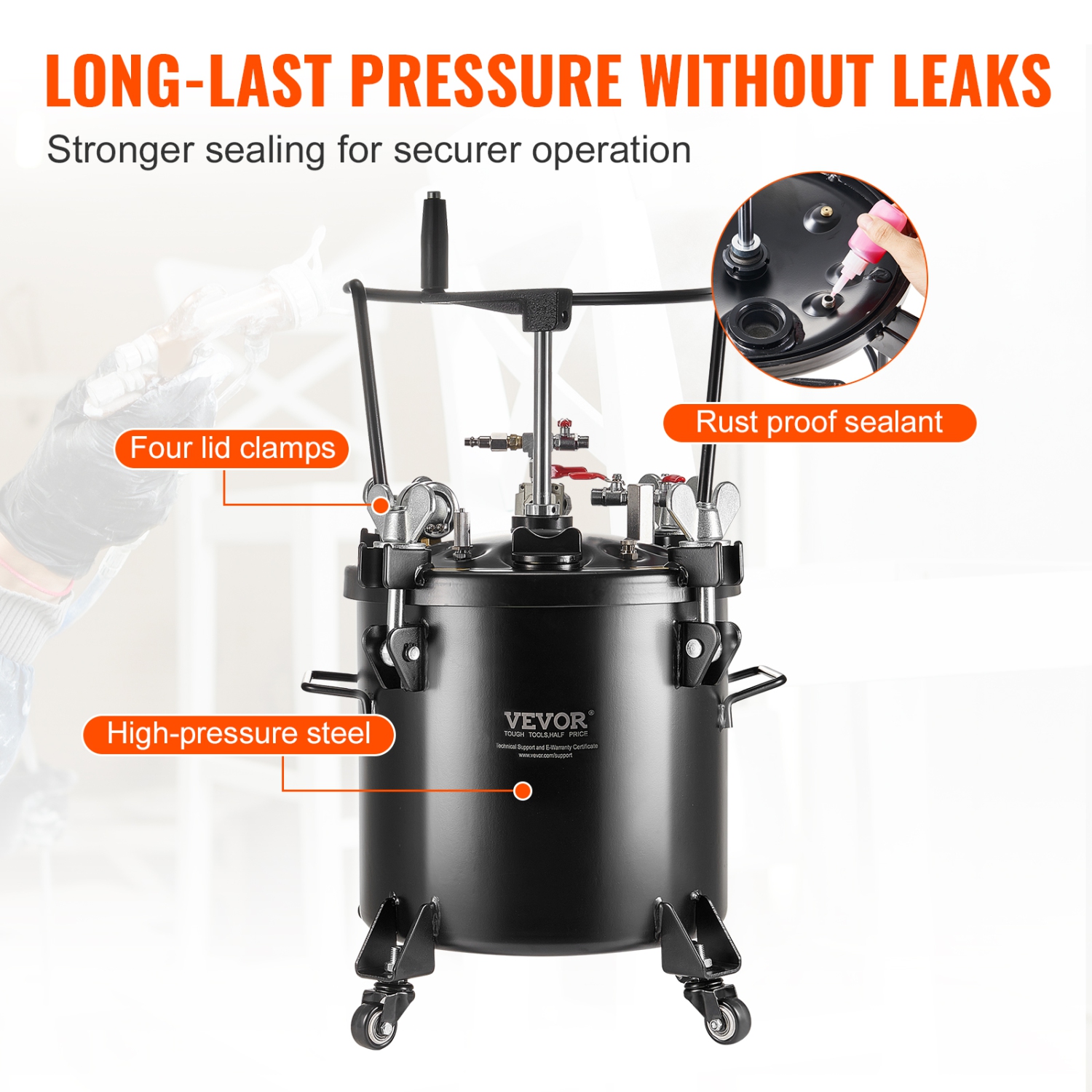 VEVOR 20L/5gal Spray Paint Pressure Pot, Pressure Pot Tank, 70 psi Adjustale Pressure, Steel Pressure Pot Paint Tank with Casters and Leak Repair