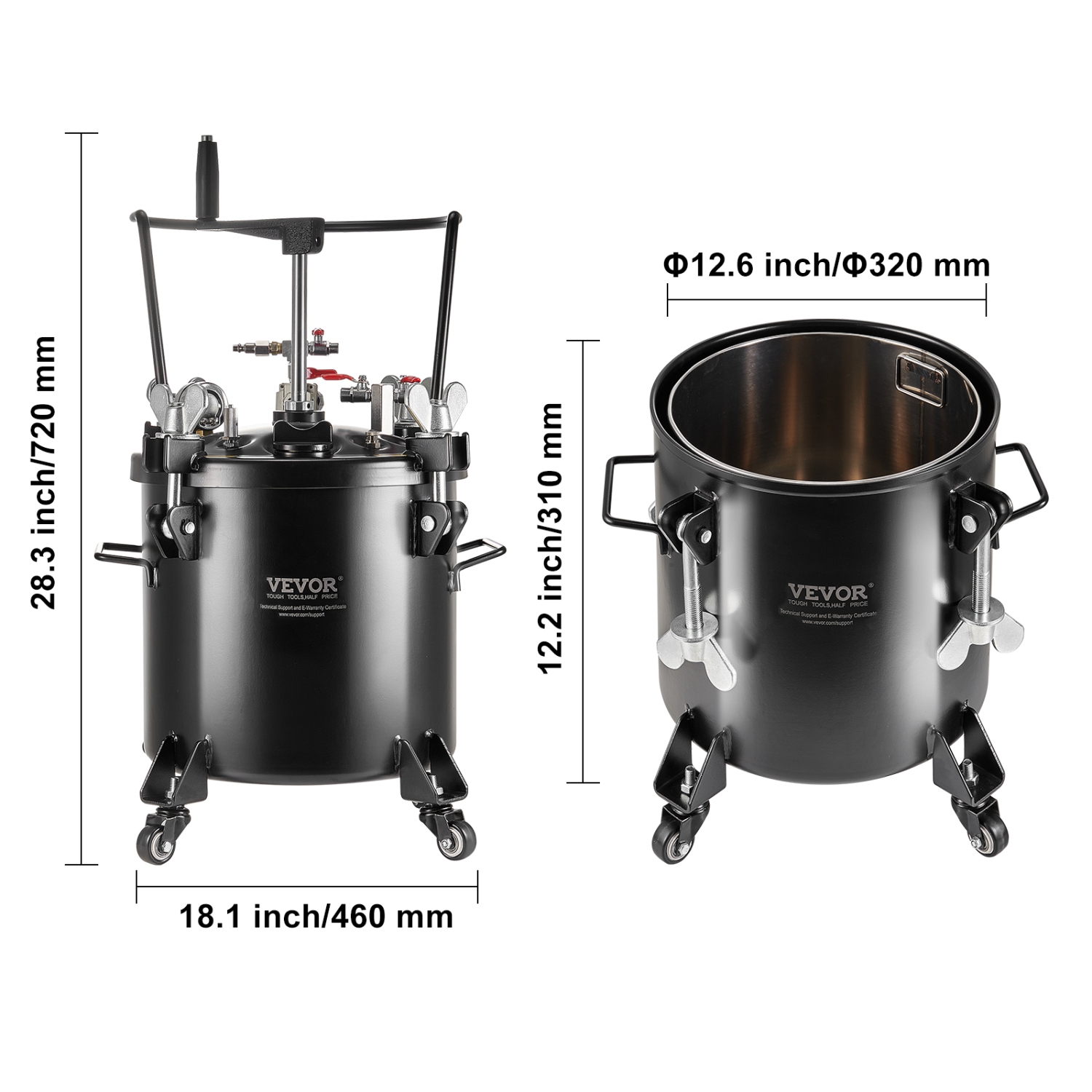 VEVOR 20L/5gal Spray Paint Pressure Pot, Pressure Pot Tank, 70 psi Adjustale Pressure, Steel Pressure Pot Paint Tank with Casters and Leak Repair