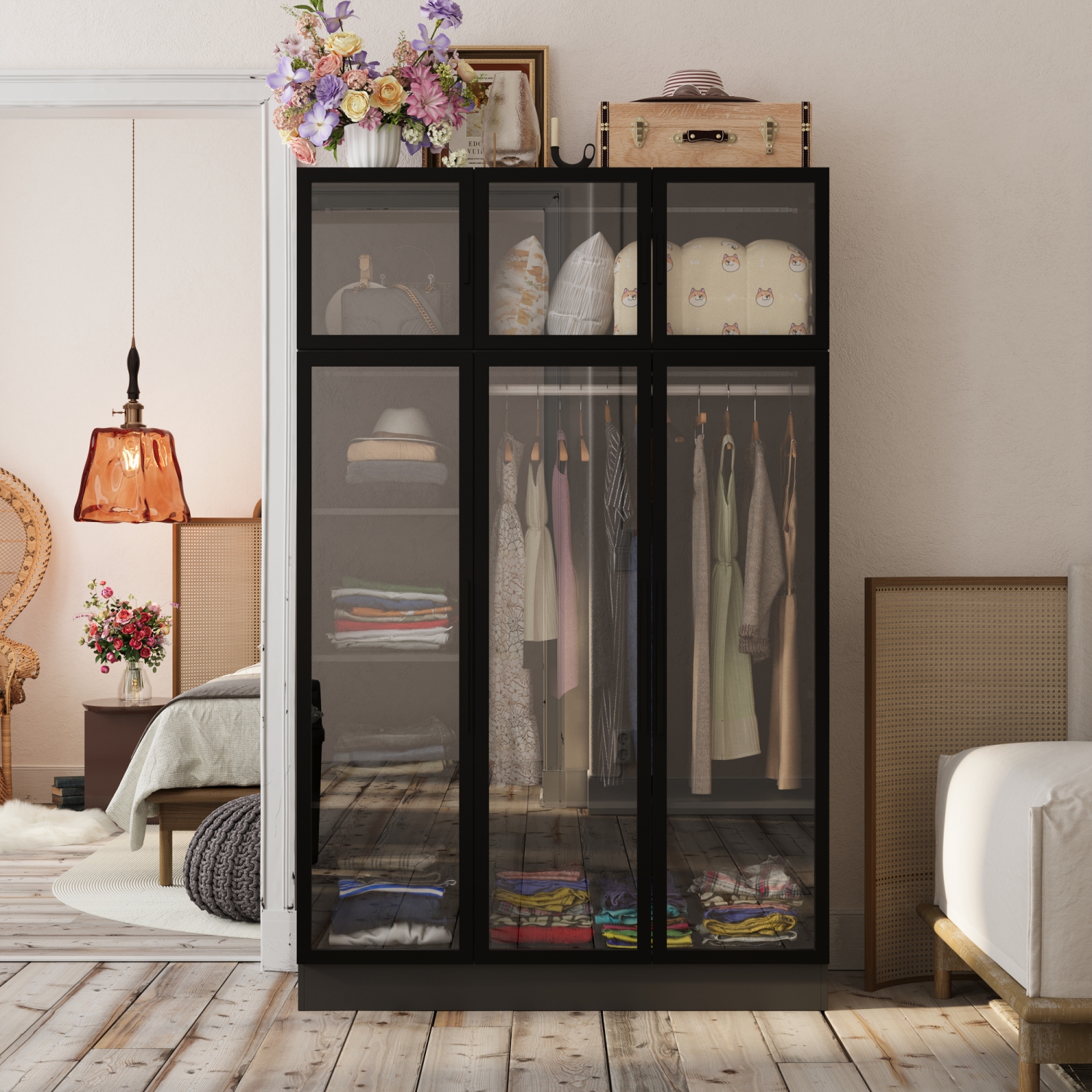 Famapy – Garde-robe à 6 portes avec cadre en fer et portes en verre trempé, bande lumineuse LED, adaptateur UL,, noir