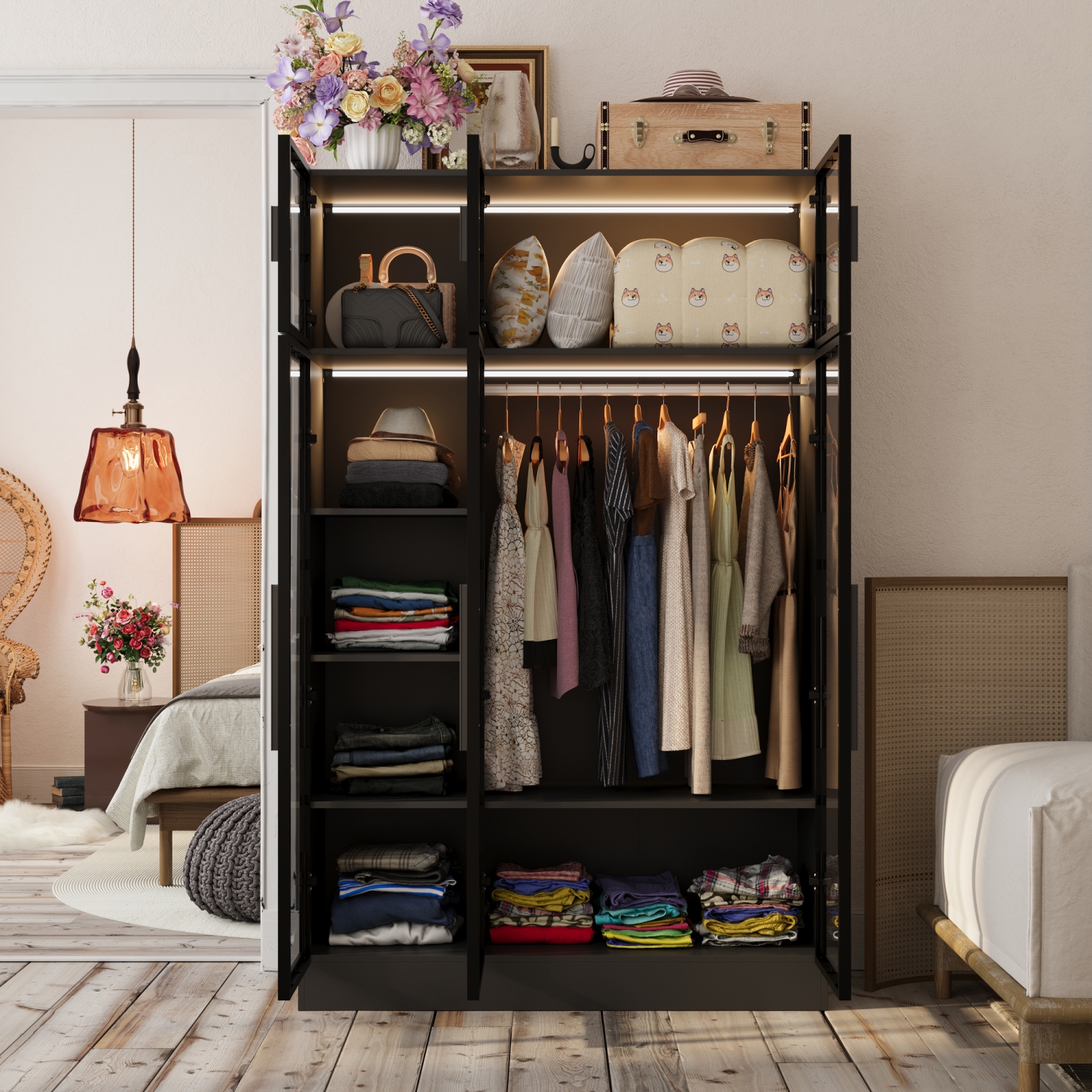 Famapy – Garde-robe à 6 portes avec cadre en fer et portes en verre trempé, bande lumineuse LED, adaptateur UL,, noir