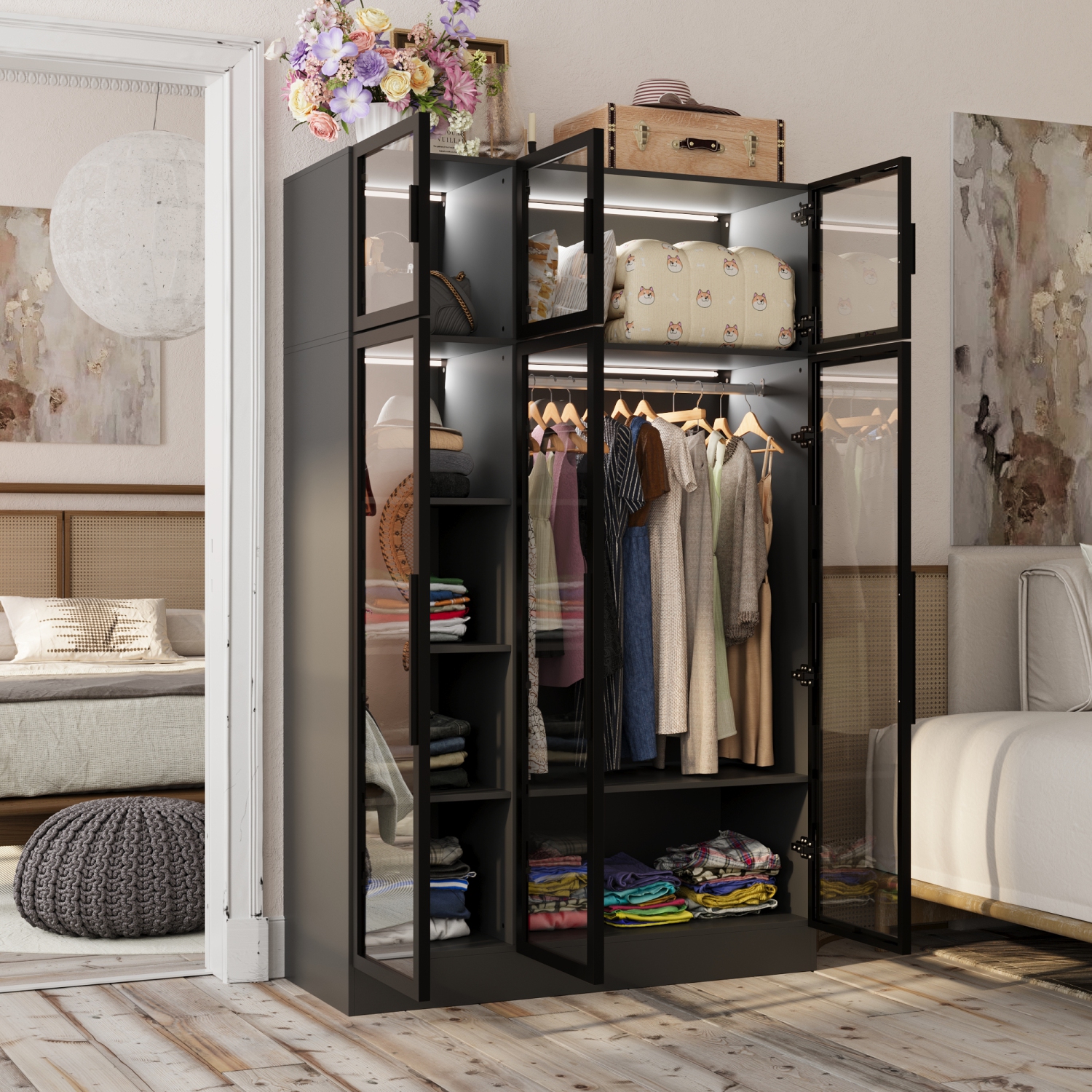 Famapy – Garde-robe à 6 portes avec cadre en fer et portes en verre trempé, bande lumineuse LED, adaptateur UL,, noir