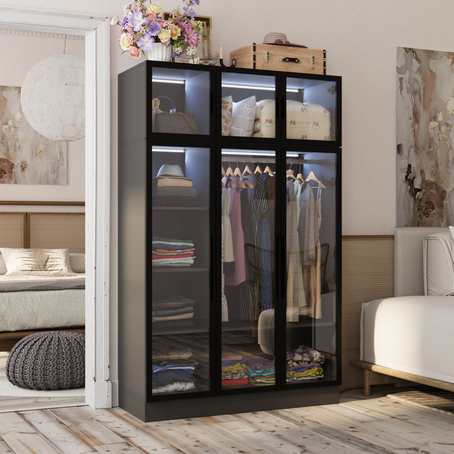 Famapy – Garde-robe à 6 portes avec cadre en fer et portes en verre trempé, bande lumineuse LED, adaptateur UL,, noir