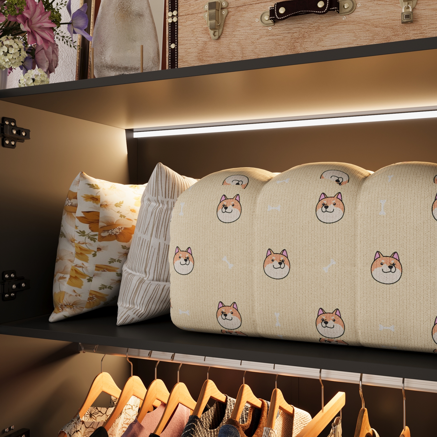 Famapy – Garde-robe à 6 portes avec cadre en fer et portes en verre trempé, bande lumineuse LED, adaptateur UL,, noir