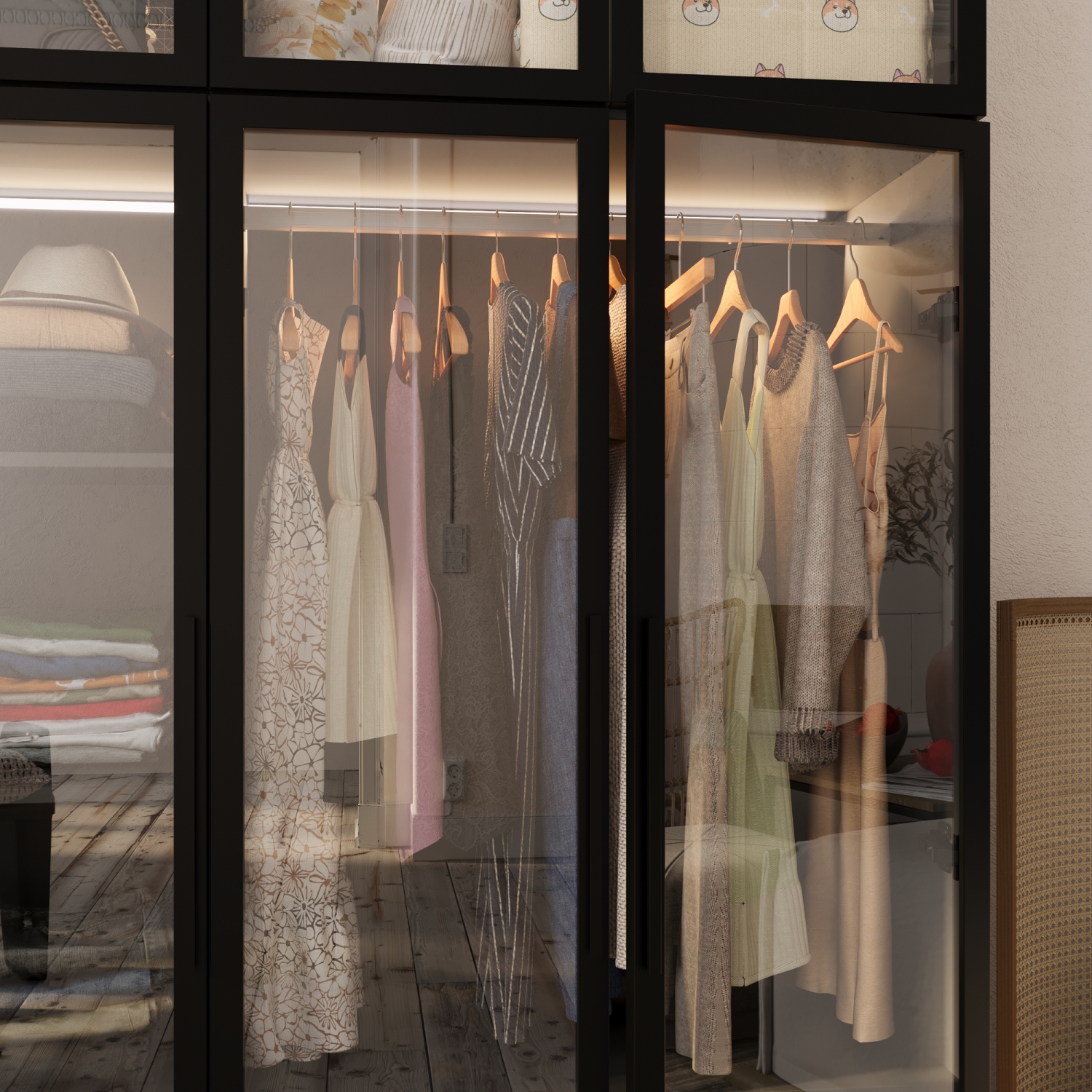 Famapy – Garde-robe à 6 portes avec cadre en fer et portes en verre trempé, bande lumineuse LED, adaptateur UL,, noir