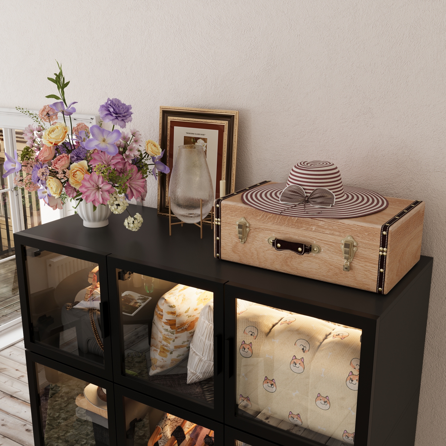 Famapy – Garde-robe à 6 portes avec cadre en fer et portes en verre trempé, bande lumineuse LED, adaptateur UL,, noir