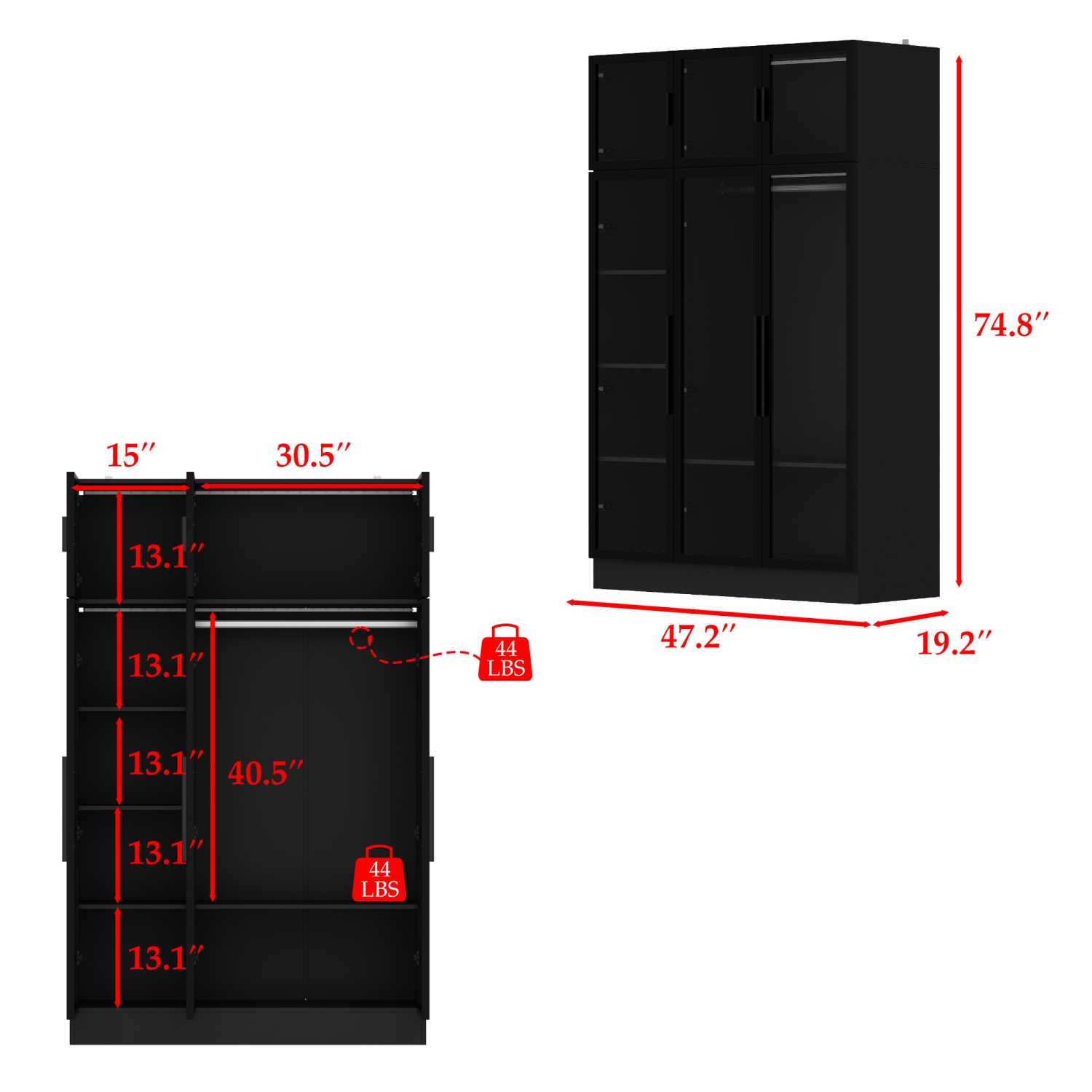 Famapy – Garde-robe à 6 portes avec cadre en fer et portes en verre trempé, bande lumineuse LED, adaptateur UL,, noir