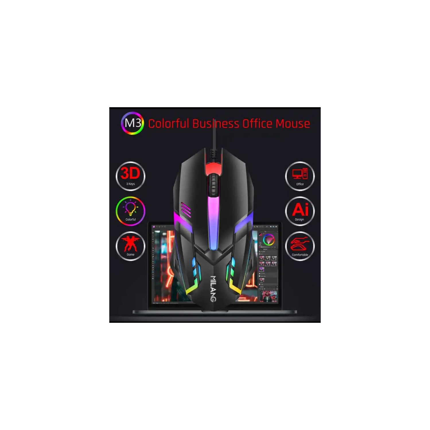 7-color RGB gaming mouse - adjustable DPI, ergonomic design, plug and play, suitable for PC/Mac/laptop