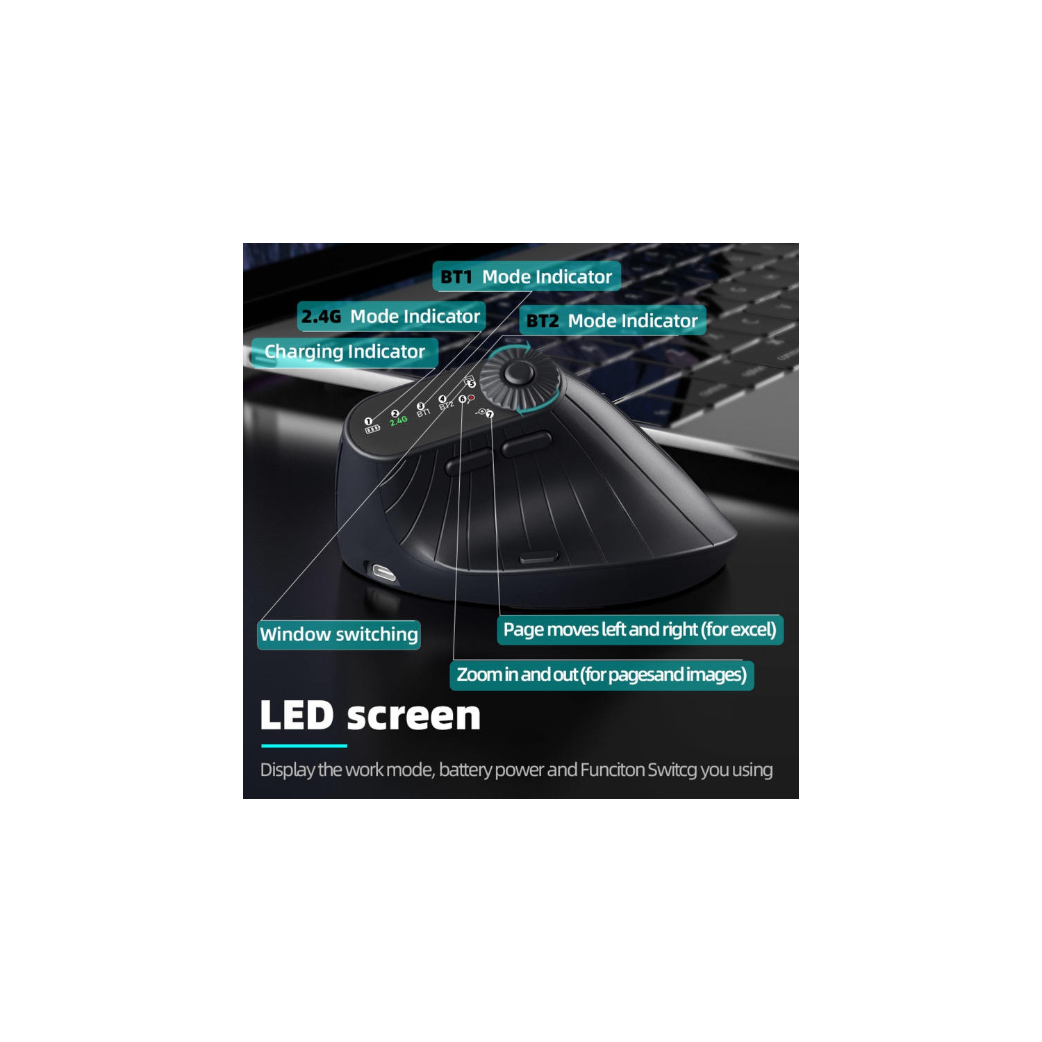 Wireless Bluetooth multi-function vertical office mouse ergonomically silent rechargeable compatible with PC notebook tablets, etc. Black