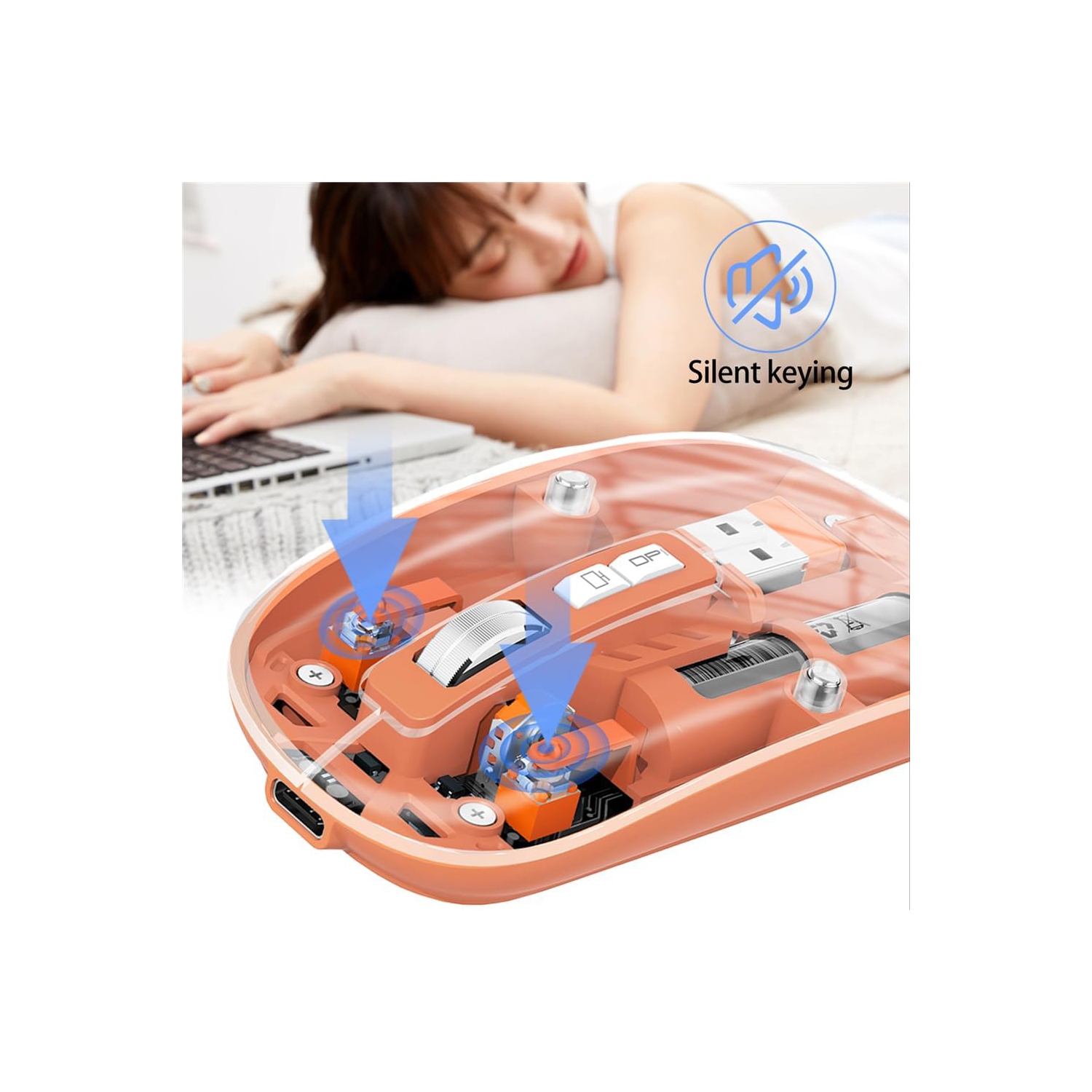 Transparent wireless Bluetooth mouse, three-mode silent rechargeable, 1600DPI silent click, suitable for iPad mobile tablet games and office