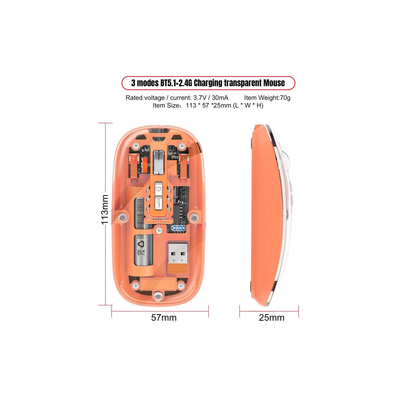 Transparent wireless Bluetooth mouse, three-mode silent rechargeable, 1600DPI silent click, suitable for iPad mobile tablet games and office