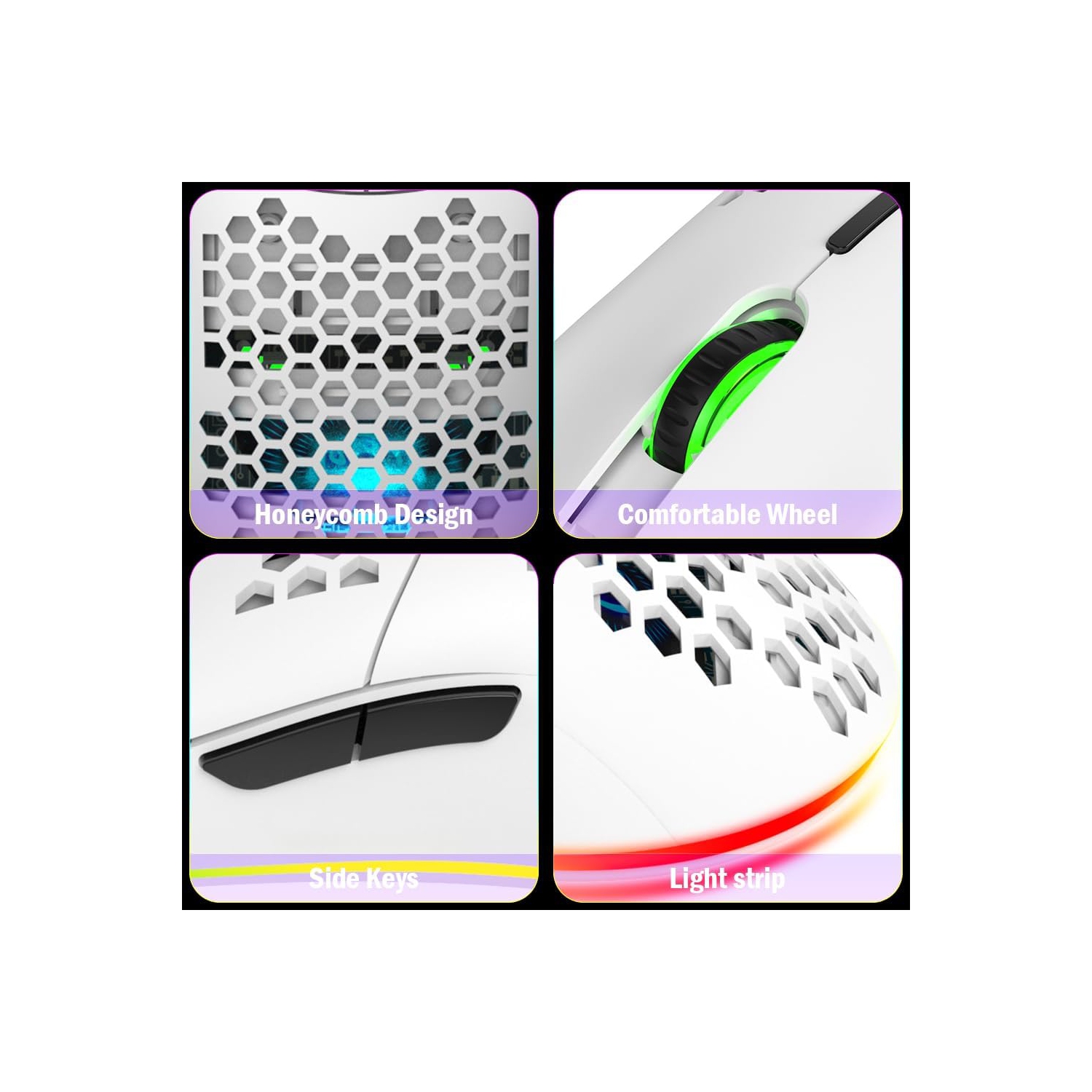 12800 DPI White Honeycomb RGB Gaming Mouse - 7 Lighting Modes, Ergonomic Cooling Vent Design, PC/iOS