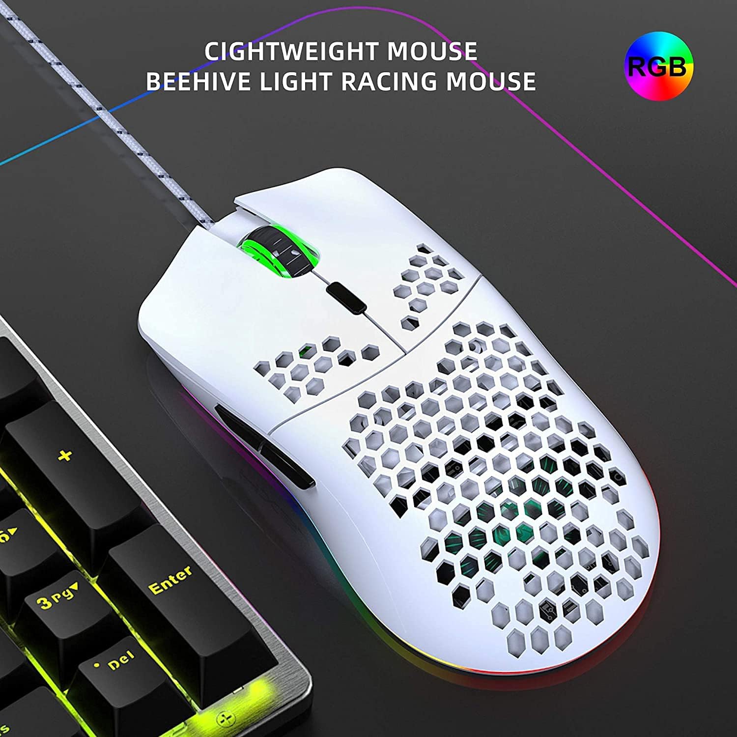 12800 DPI White Honeycomb RGB Gaming Mouse - 7 Lighting Modes, Ergonomic Cooling Vent Design, PC/iOS