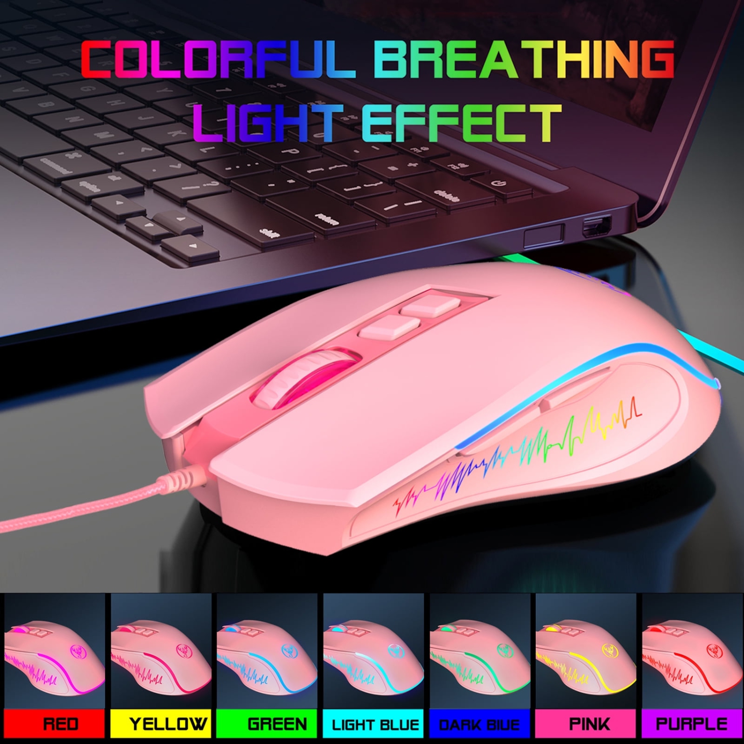 Wired gaming mouse, ergonomic gaming and office mouse, 7-color breathing light effect, 4-speed adjustable DPI, white