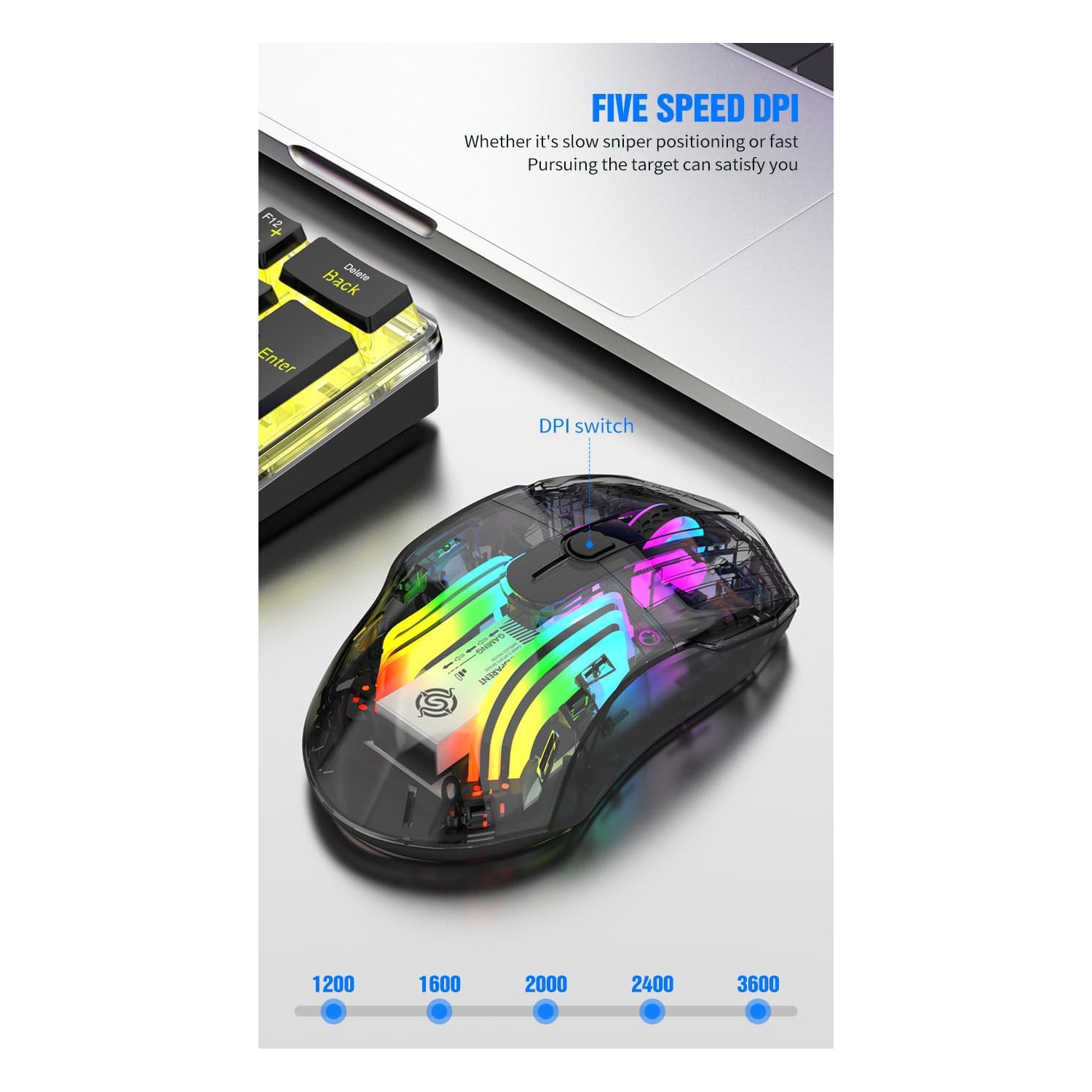 Black Transparent RGB Wireless Mouse - 3D LED Lighting, Triple Mode, Silent Click, Universal, PC/Mac/Tablet Compatible