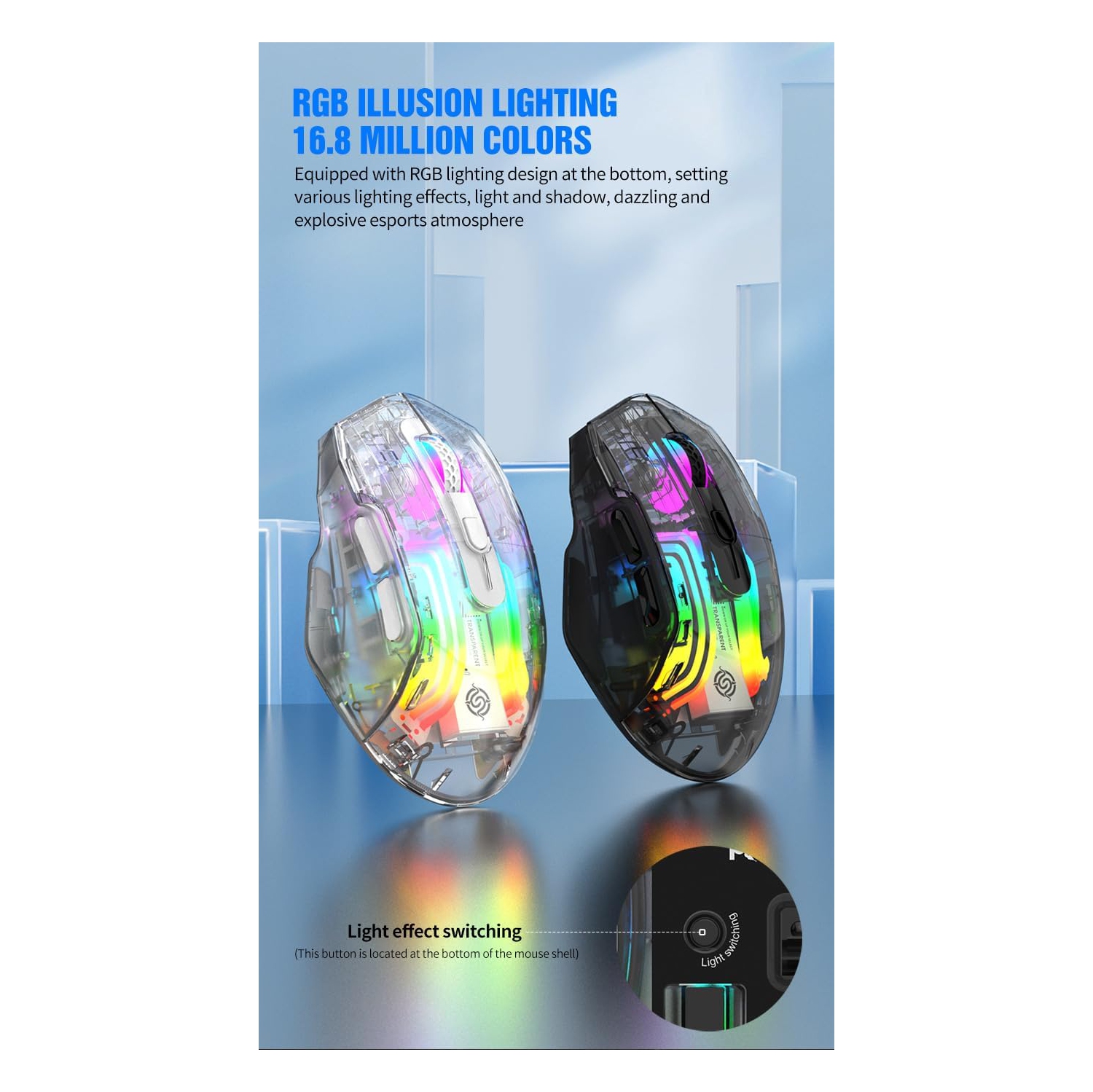 Black Transparent RGB Wireless Mouse - 3D LED Lighting, Triple Mode, Silent Click, Universal, PC/Mac/Tablet Compatible