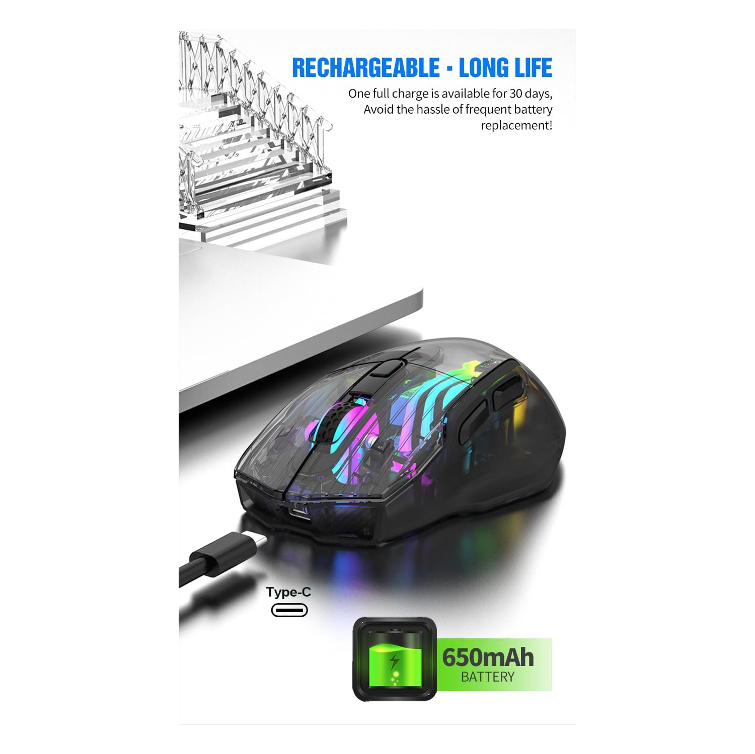 Black Transparent RGB Wireless Mouse - 3D LED Lighting, Triple Mode, Silent Click, Universal, PC/Mac/Tablet Compatible