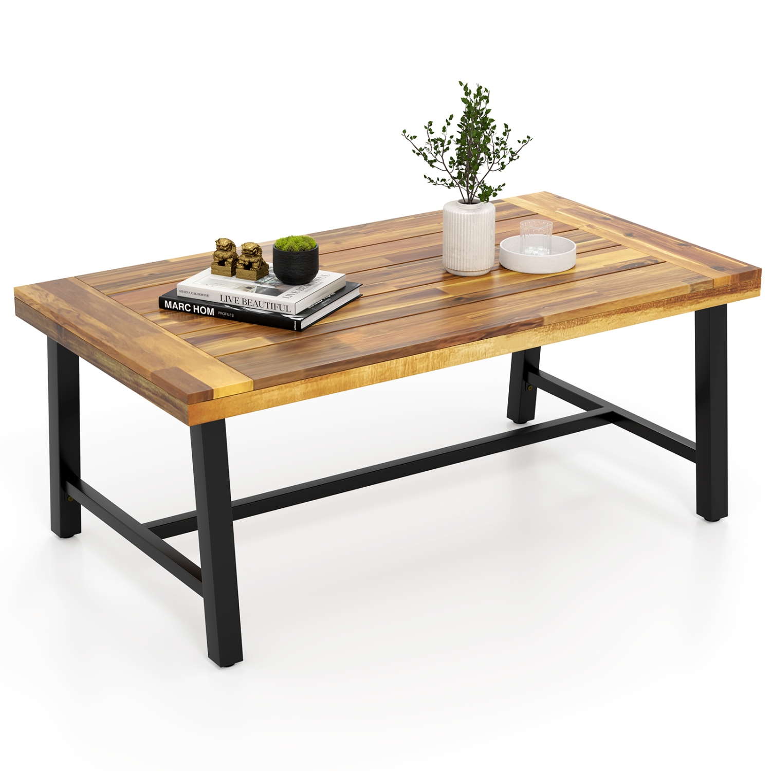 Gymax Acacia Wood Coffee Table Indoor Outdoor Rectangle Center Table w/ Thickened Top