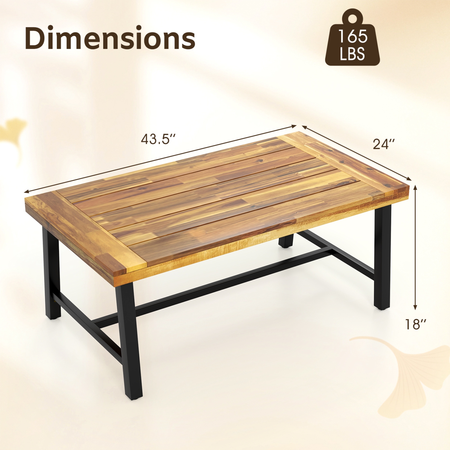 Gymax Acacia Wood Coffee Table Indoor Outdoor Rectangle Center Table w/ Thickened Top