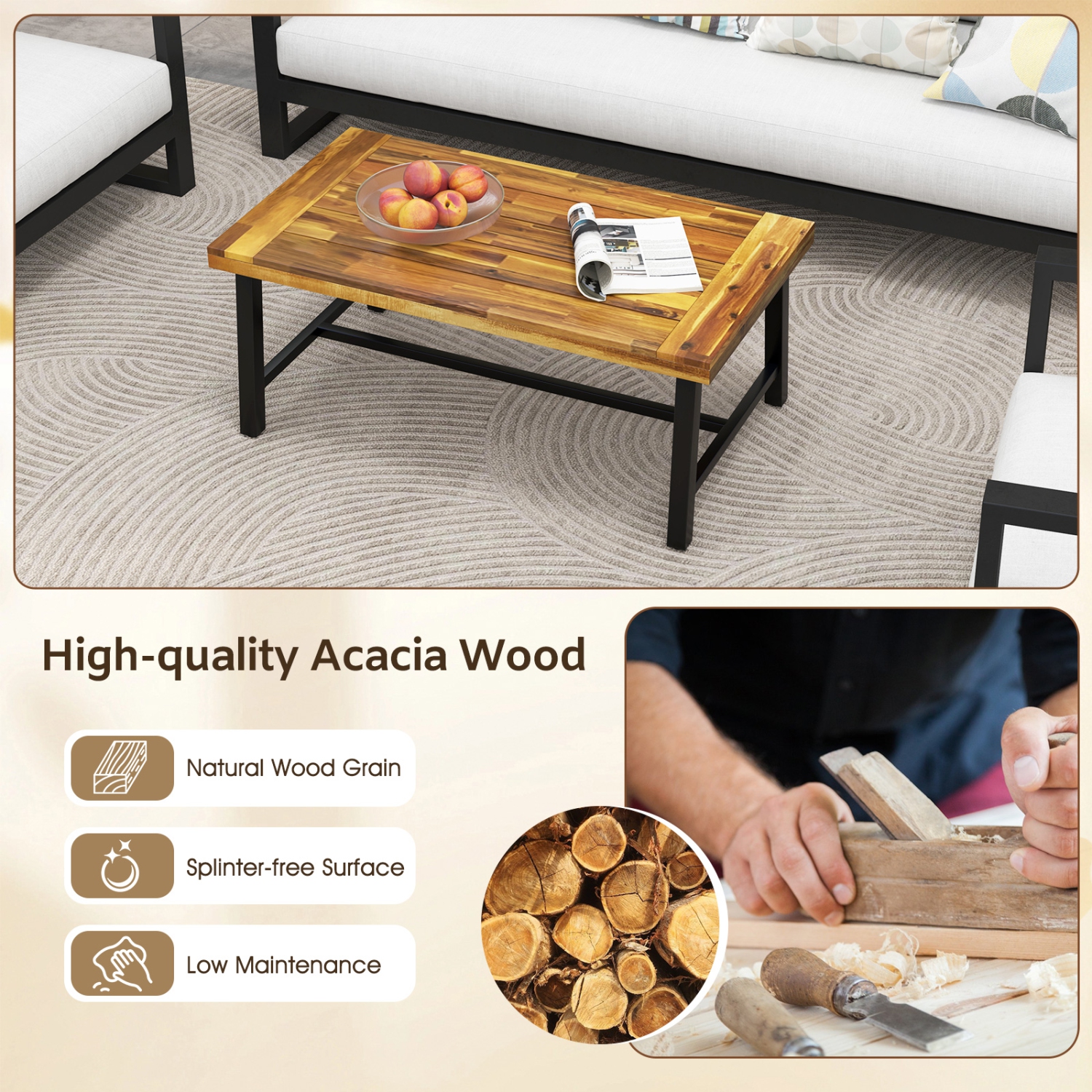 Gymax Acacia Wood Coffee Table Indoor Outdoor Rectangle Center Table w/ Thickened Top