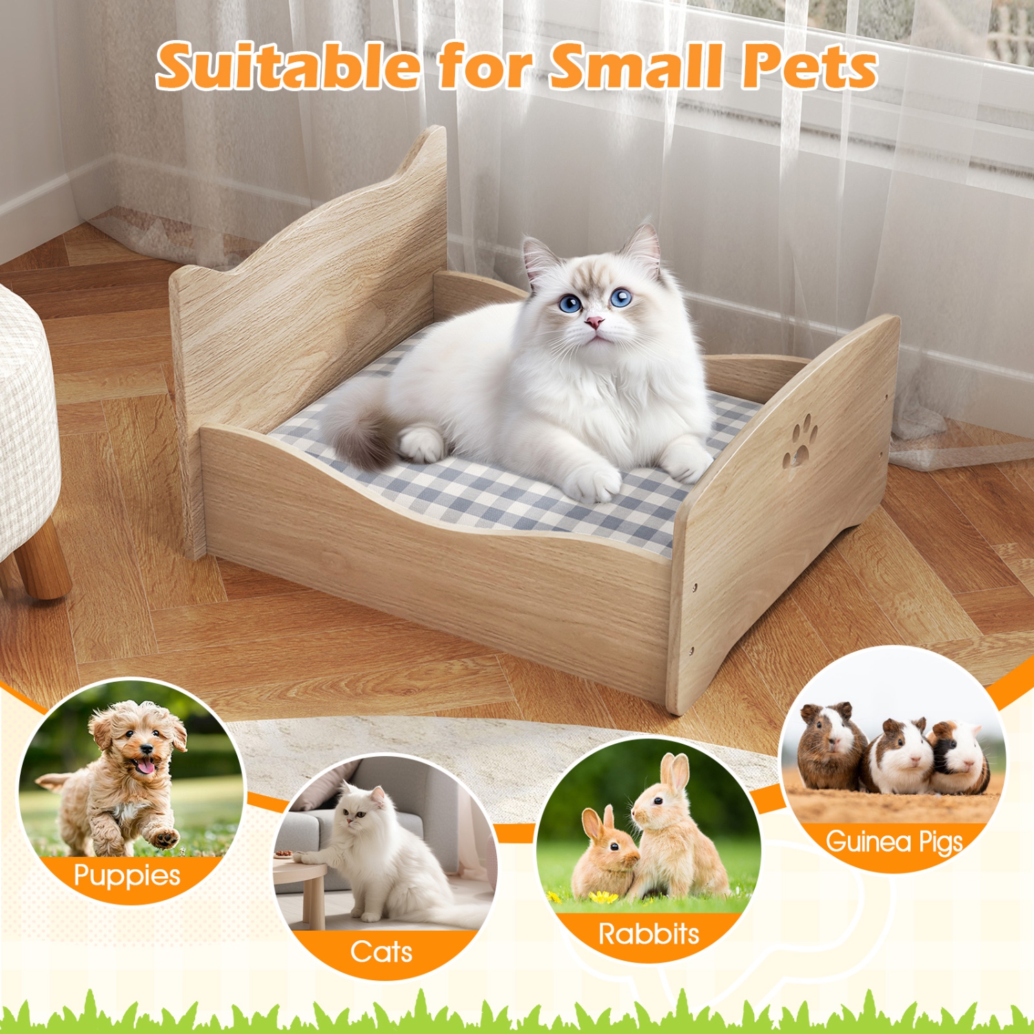 Gymax Elevated Pet Bed Frame Indoor Large Cat Bed w/ Rails Cute Headboards Animals Bed