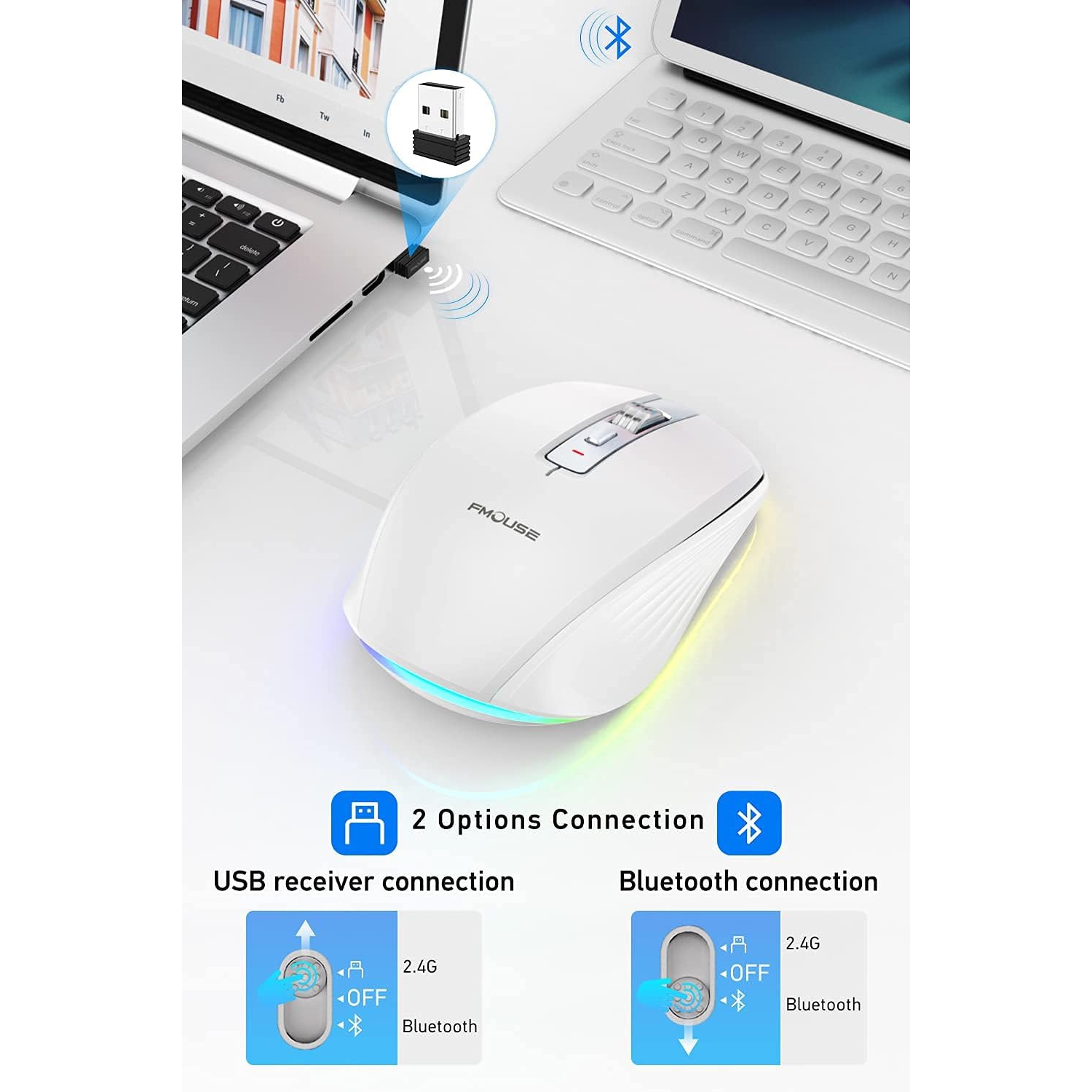 2.4GHz dual-mode Bluetooth wireless mouse,dual-mode Bluetooth with receiver, 2400 DPI adjustable Bluetooth mouse with RGB light, suitable for desktop