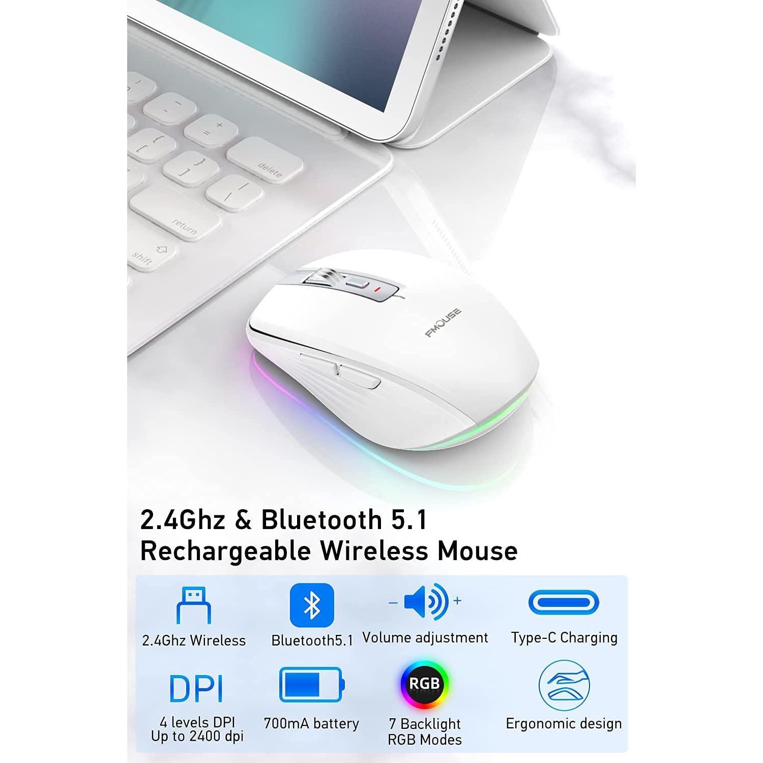 2.4GHz dual-mode Bluetooth wireless mouse,dual-mode Bluetooth with receiver, 2400 DPI adjustable Bluetooth mouse with RGB light, suitable for desktop