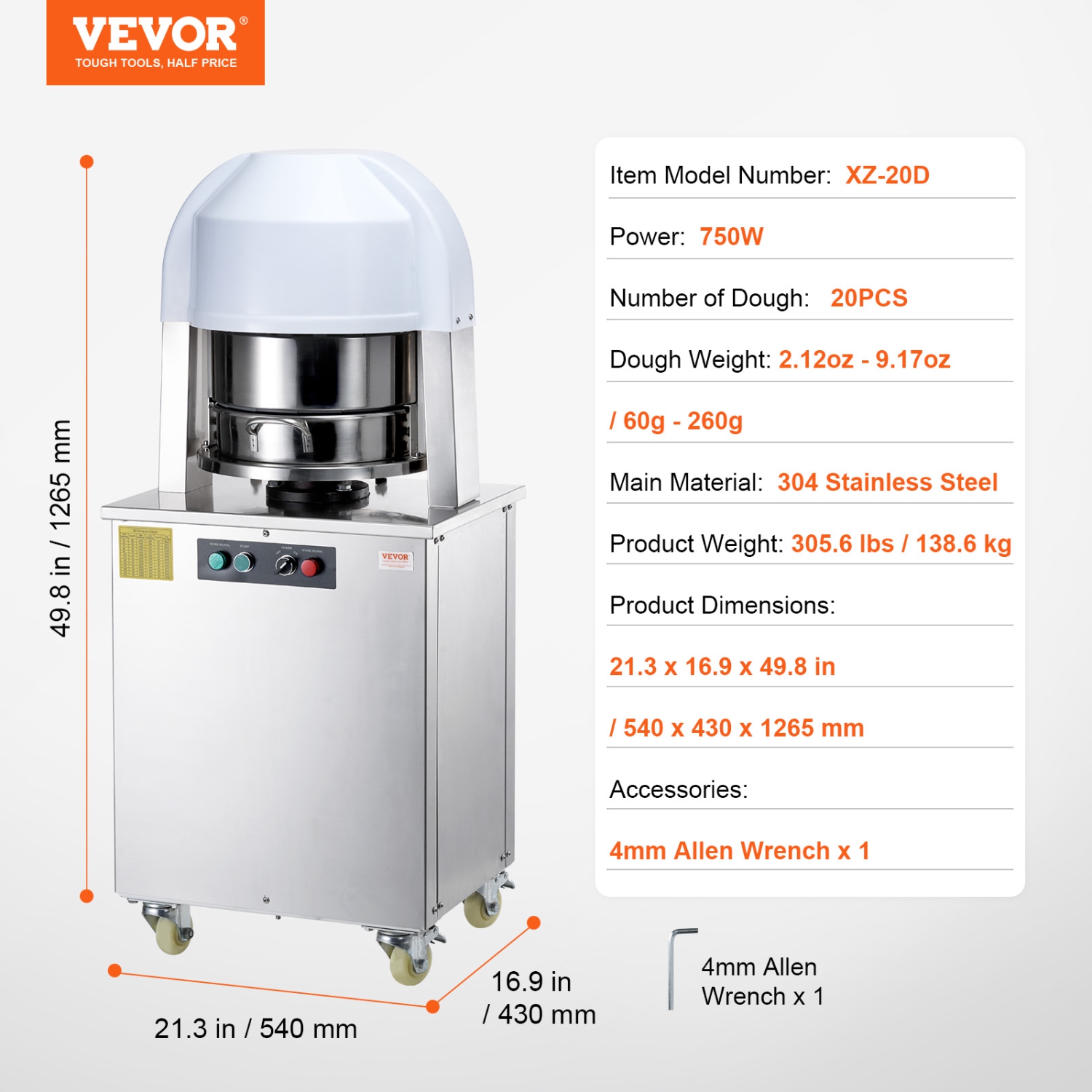 VEVOR 20PCS Electric Dough Divider Rounder, Automatic Dough Ball Cutting Making Machine, 2.12oz - 9.17oz Equal Dough Cutter with Pure Copper Motor