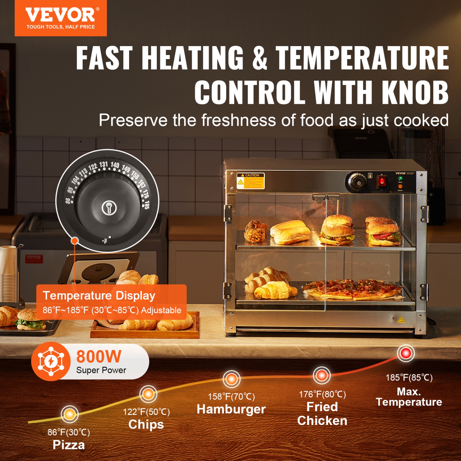 VEVOR 2-Tier Commercial Food Warmer Display, 800W Food Display Warmer with Light to Enhance Food Display, 86℉~185℉ Temperature Control, 58L Large