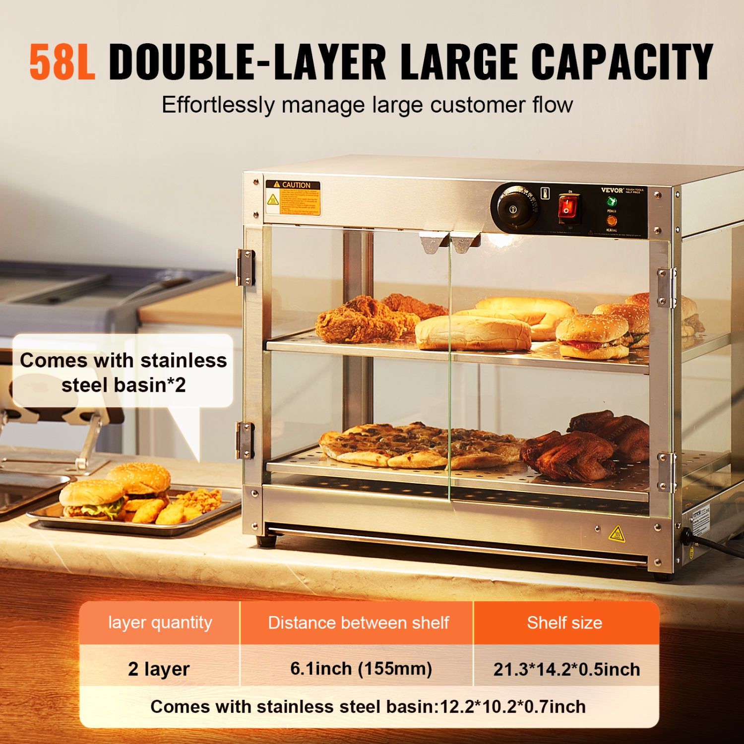 VEVOR 2-Tier Commercial Food Warmer Display, 800W Food Display Warmer with Light to Enhance Food Display, 86℉~185℉ Temperature Control, 58L Large