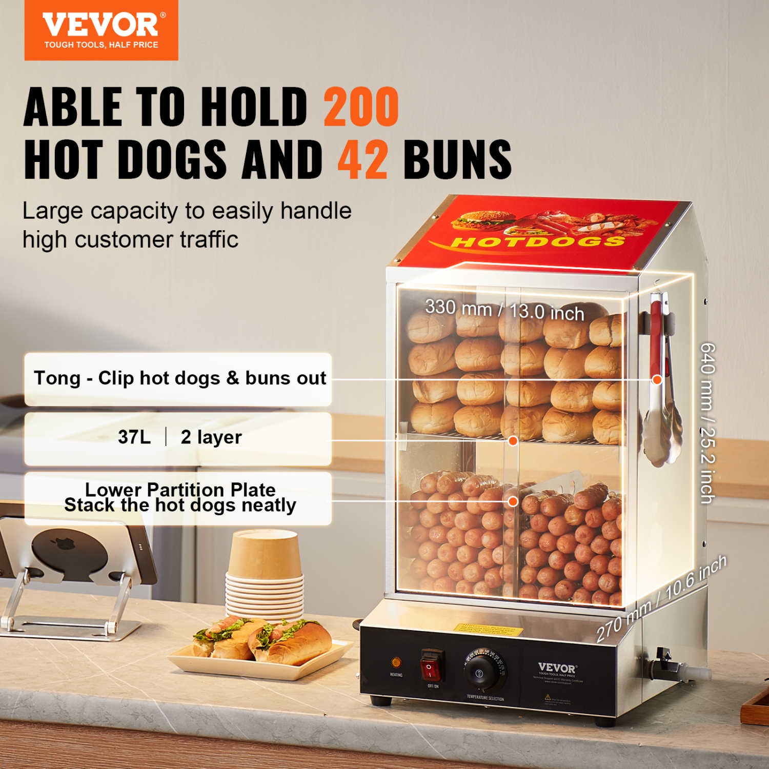 VEVOR 39QT Hot Dog Steamer, 2-Tier Hot Dog Hut Steamer, 86℉~185℉ Temperature Control, Electric Bun Warmer with Tempered Glass Slide Doors Partition