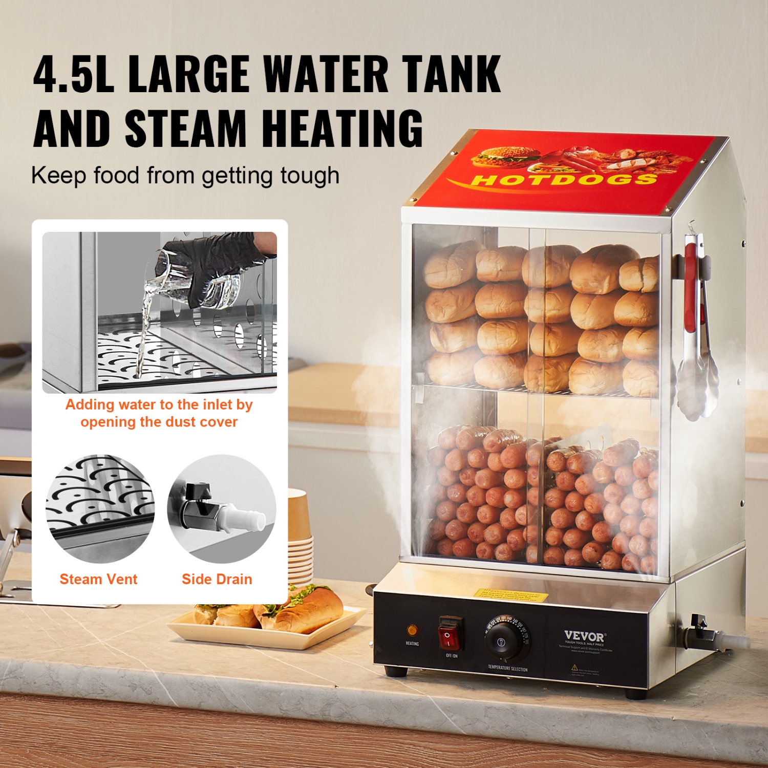 VEVOR 39QT Hot Dog Steamer, 2-Tier Hot Dog Hut Steamer, 86℉~185℉ Temperature Control, Electric Bun Warmer with Tempered Glass Slide Doors Partition