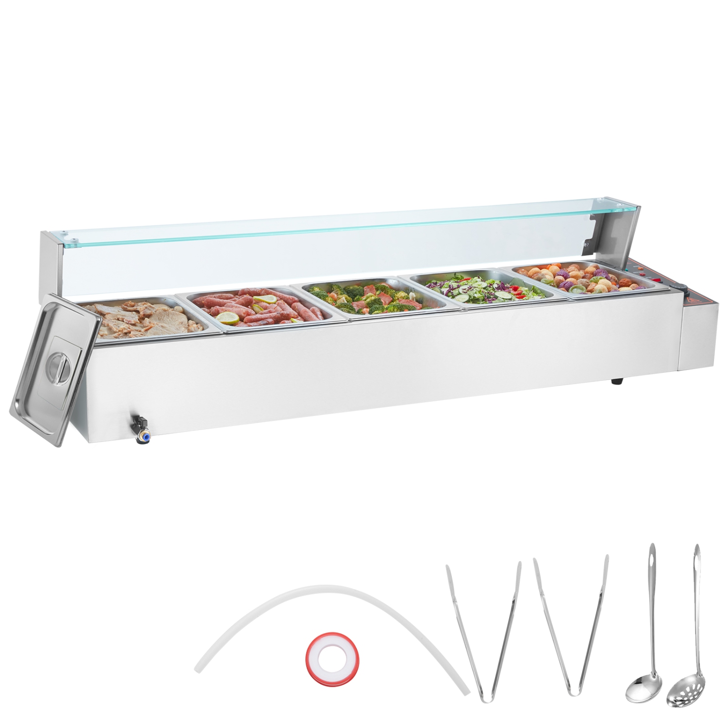 VEVOR 5-Pan Commercial Food Warmer, 5 x 8QT Electric Steam Table with Glass Cover, 1700W Countertop Stainless Steel Buffet Bain Marie 86-185°F Temp