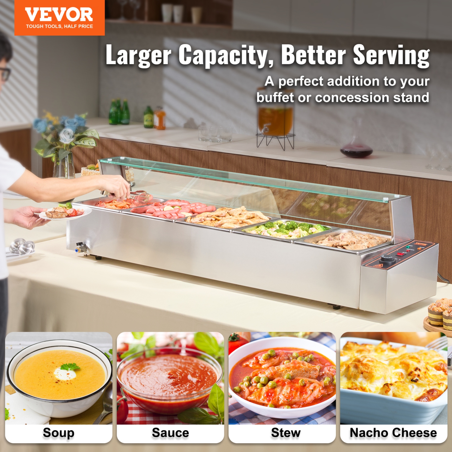 VEVOR 5-Pan Commercial Food Warmer, 5 x 8QT Electric Steam Table with Glass Cover, 1700W Countertop Stainless Steel Buffet Bain Marie 86-185°F Temp