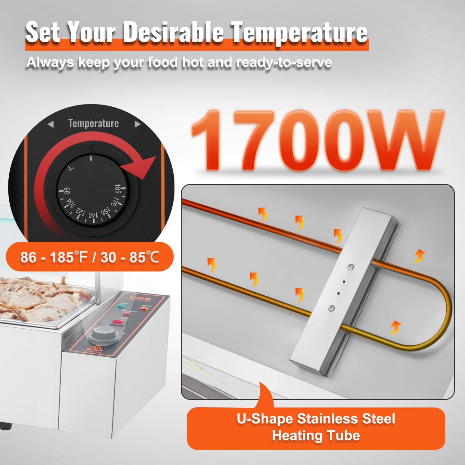 VEVOR 5-Pan Commercial Food Warmer, 5 x 8QT Electric Steam Table with Glass Cover, 1700W Countertop Stainless Steel Buffet Bain Marie 86-185°F Temp