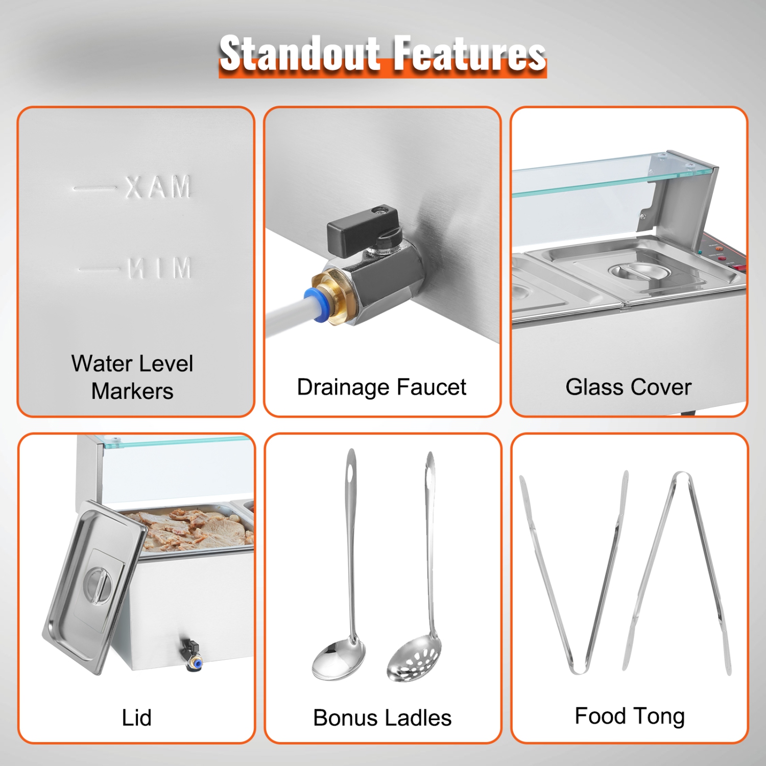 VEVOR 5-Pan Commercial Food Warmer, 5 x 8QT Electric Steam Table with Glass Cover, 1700W Countertop Stainless Steel Buffet Bain Marie 86-185°F Temp