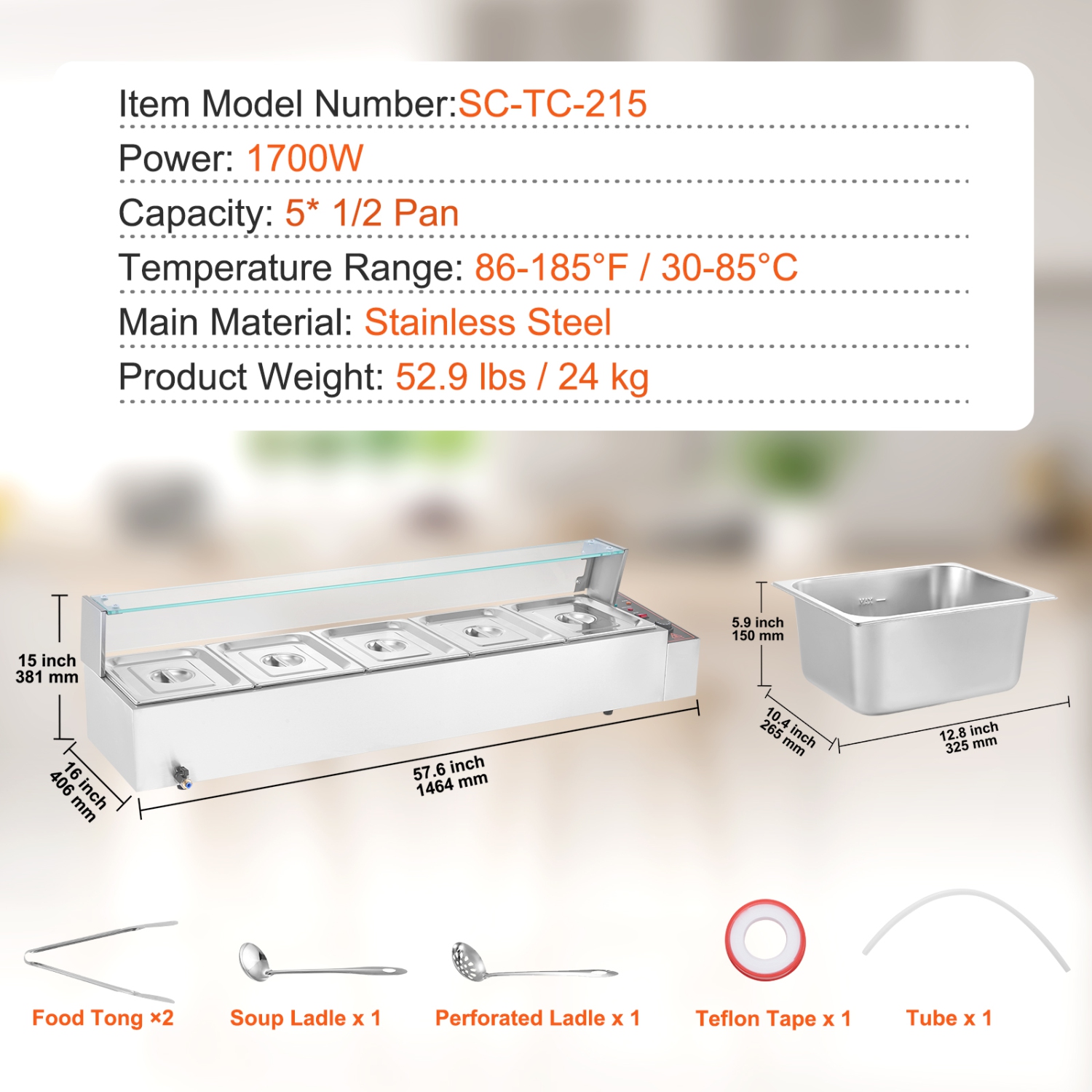 VEVOR 5-Pan Commercial Food Warmer, 5 x 8QT Electric Steam Table with Glass Cover, 1700W Countertop Stainless Steel Buffet Bain Marie 86-185°F Temp