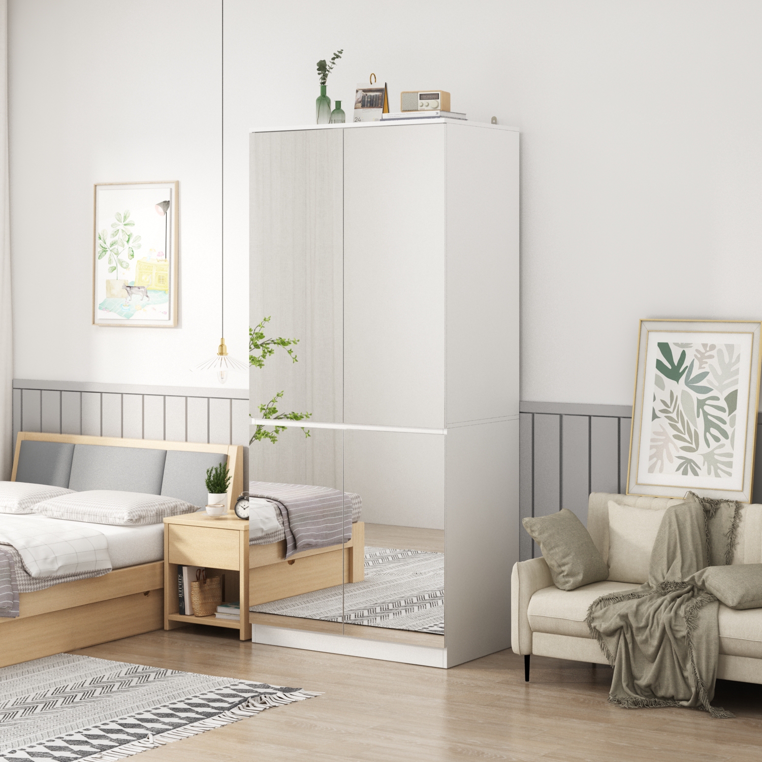 Famapy – Garde-robe miroir à 4 portes avec verre véritable – Fini blanc, élégant et durable, blanc