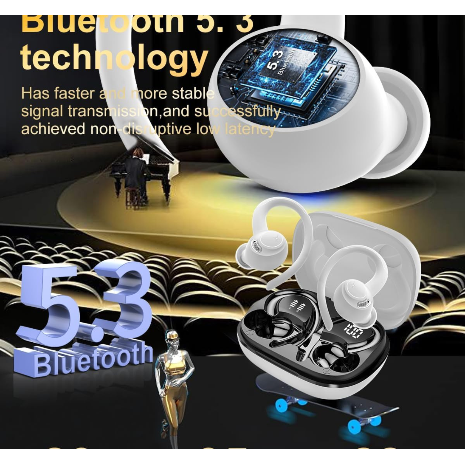 Wireless Earbuds, Bluetooth 5.3 Headphones, New Wireless Earphones HiFi Stereo Sound with 4 ENC Mic, IP7, Sport Bluetooth Earbuds in Ear EarHooks for